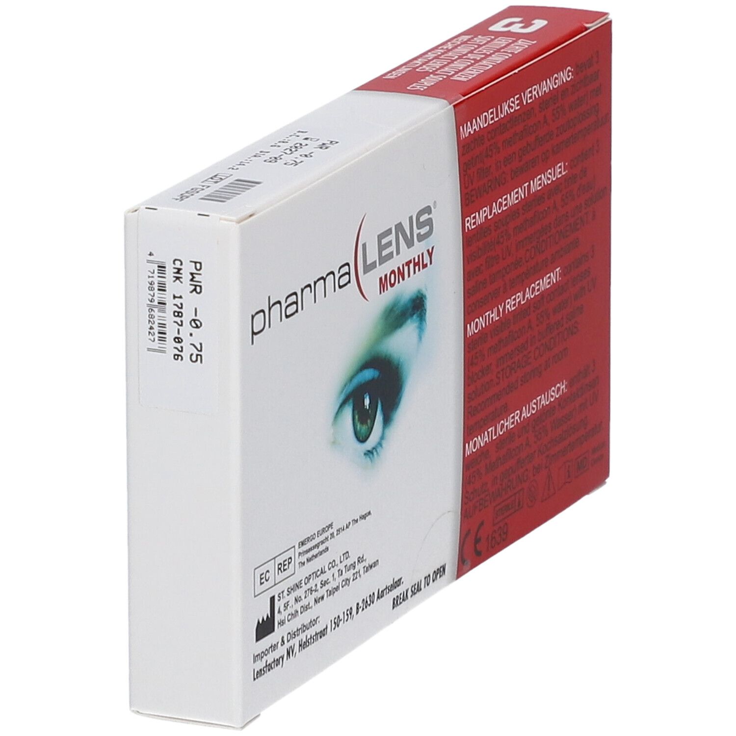 PharmaLens Monatslinsen-Verpackung. Weiße Schachtel mit rotem Streifen. Produktname, Augenabbildung und Text. Enthält 3 Kontaktlinsen. PWR -0.75.