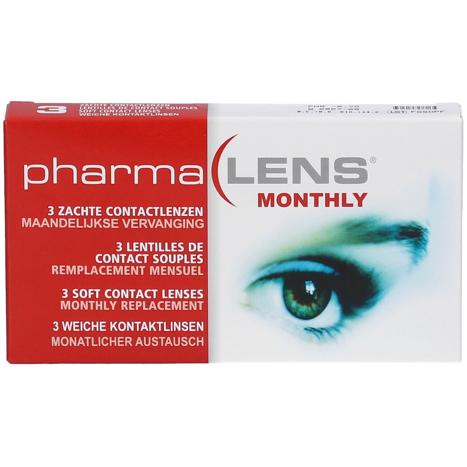 PharmaLens Monatslinsen-Verpackung. Rote und weiße Schachtel mit Produktnamen und Augenabbildung. Enthält 3 Kontaktlinsen. Text in mehreren Sprachen.