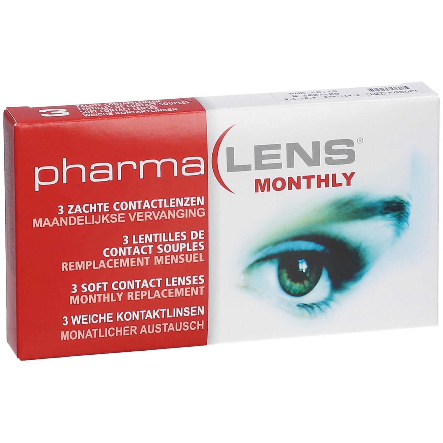 PharmaLens Monatslinsen-Verpackung. Rote und weiße Schachtel mit Produktnamen und Augenabbildung. Enthält 3 Kontaktlinsen. Text in mehreren Sprachen.