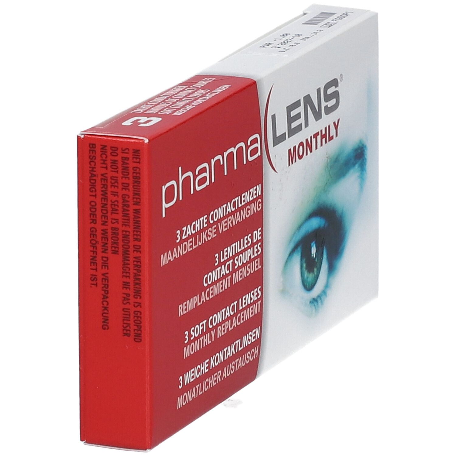 Boîte de PharmaLens lentilles mensuelles. Boîte rouge et blanche. Inscription: LENS MONTHLY, illustration d'un œil. Contient 3 lentilles.