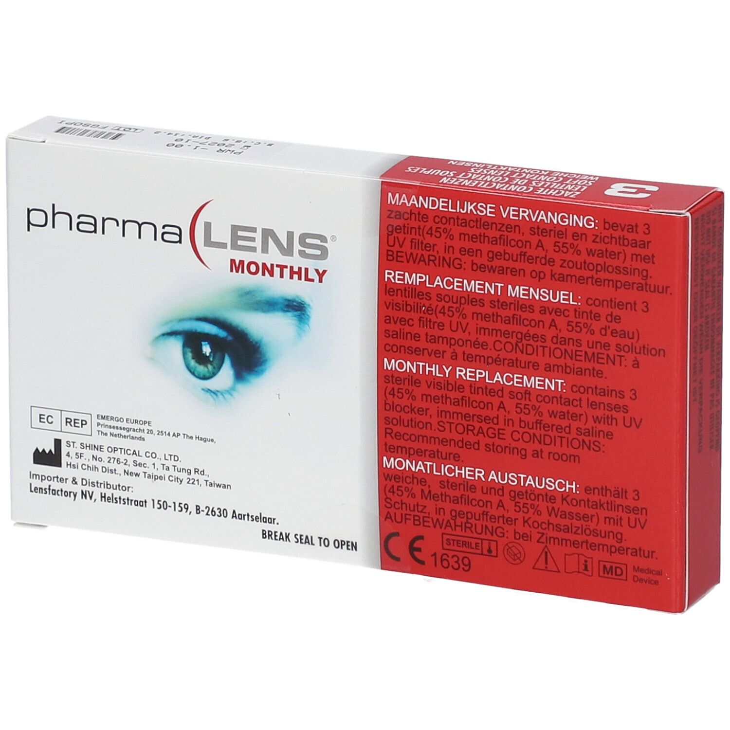 Boîte de PharmaLens lentilles mensuelles. Contient 3 lentilles souples. Inscription: LENS MONTHLY, illustration d'un œil. Marquage CE.
