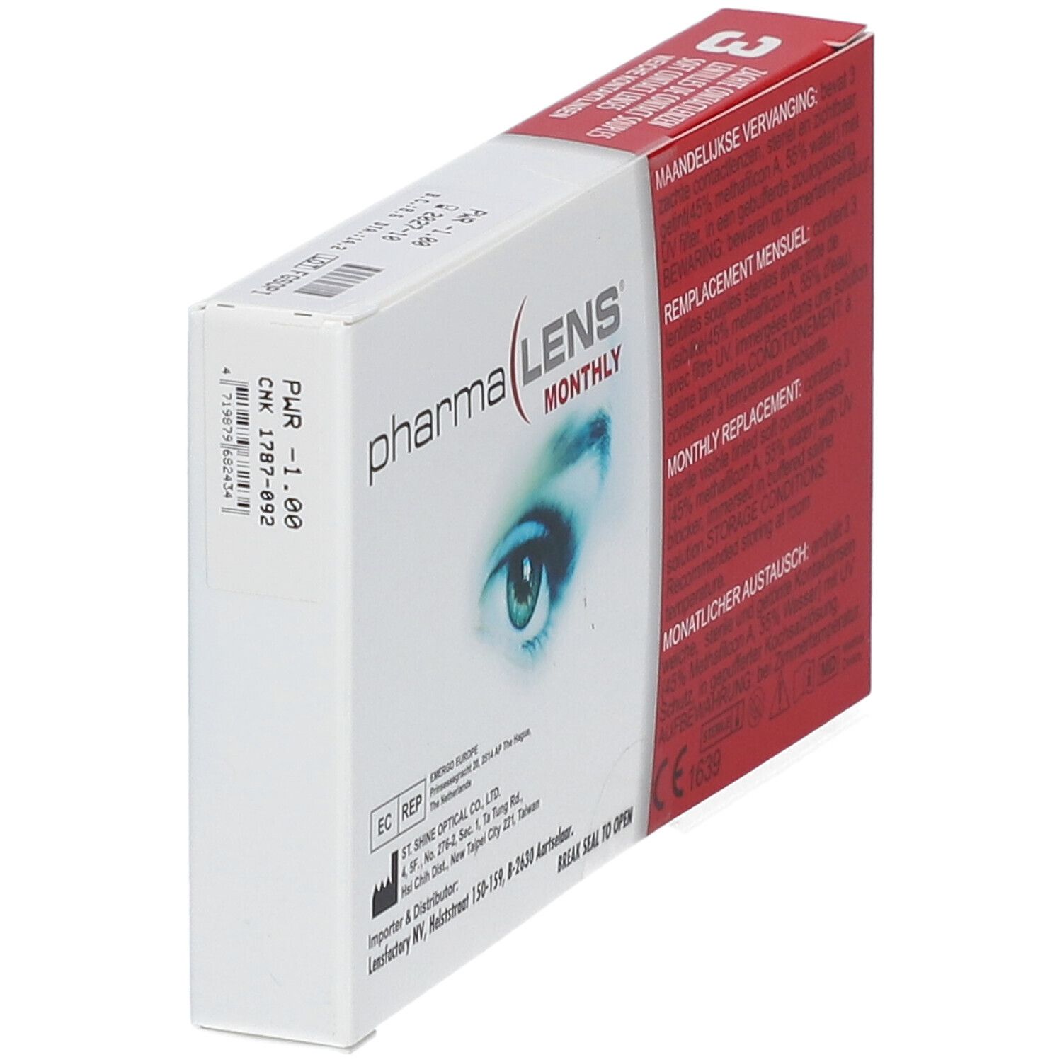 Boîte de PharmaLens lentilles mensuelles. Contient 3 lentilles souples. Inscription: LENS MONTHLY, illustration d'un œil. Dioptrie -1.00.