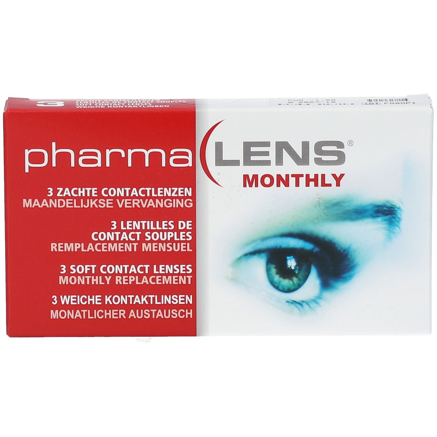 Boîte de PharmaLens lentilles mensuelles. Contient 3 lentilles souples. Inscription: LENS MONTHLY, illustration d'un œil.