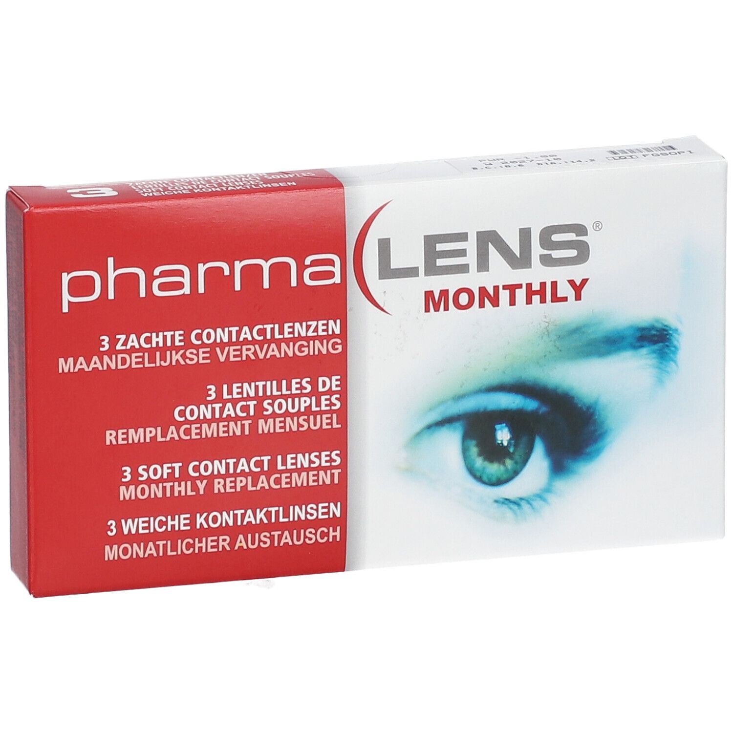 Boîte de PharmaLens lentilles mensuelles. Contient 3 lentilles souples. Inscription: LENS MONTHLY, illustration d'un œil.