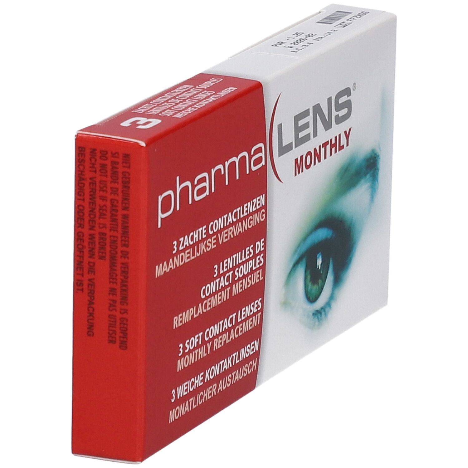 PharmaLens Monatslinsen-Verpackung, schräg. Rote und weiße Schachtel mit Produktinformationen und einem Auge.