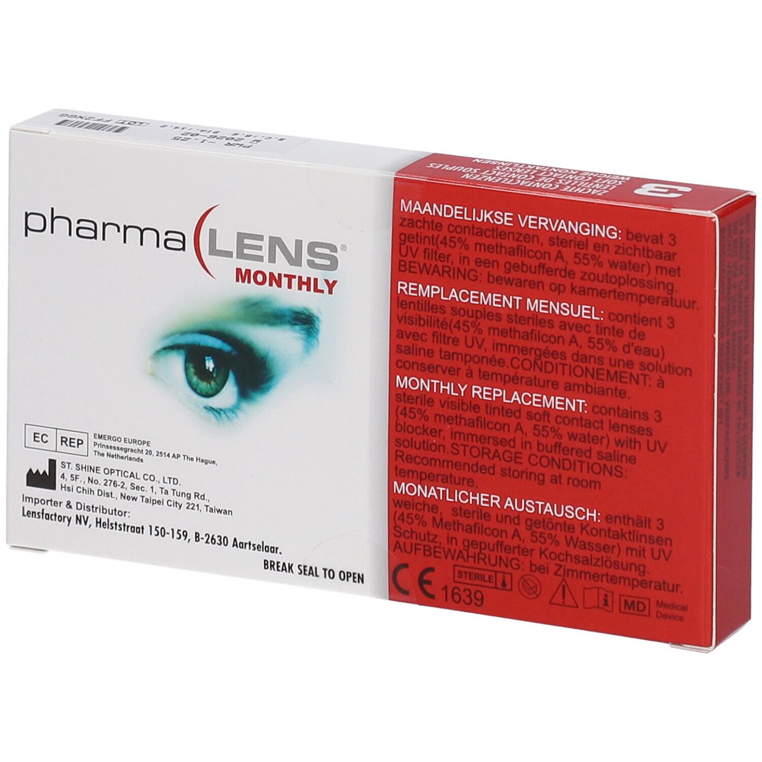PharmaLens Monatslinsen-Verpackung. Rote und weiße Schachtel mit Produktinformationen, einem Auge und CE-Kennzeichnung.