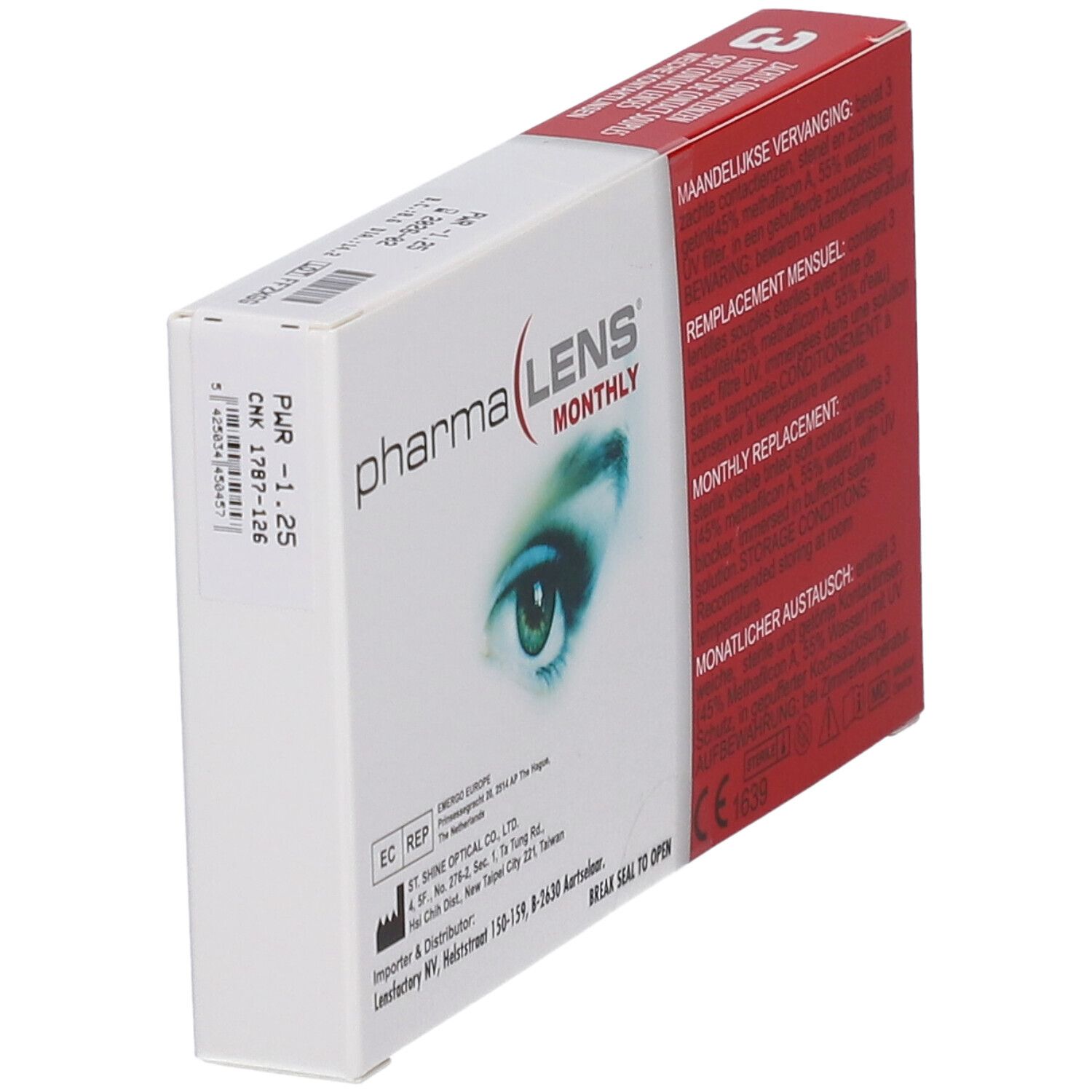 PharmaLens Monatslinsen-Verpackung, schräg. Rote und weiße Schachtel mit Produktinformationen und Dioptrie -1.25.