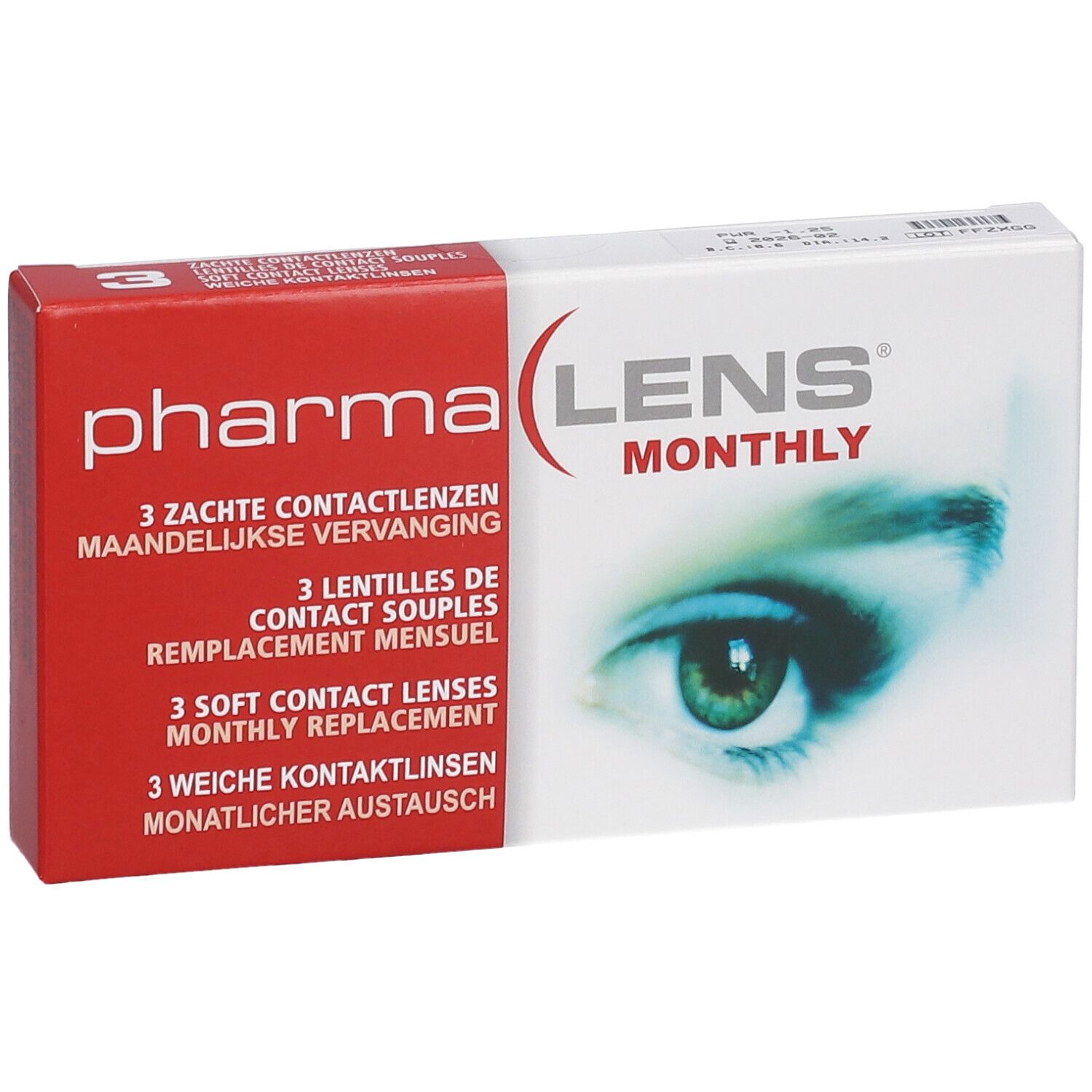 PharmaLens Monatslinsen-Verpackung. Rote und weiße Schachtel mit Produktinformationen und einem Auge.