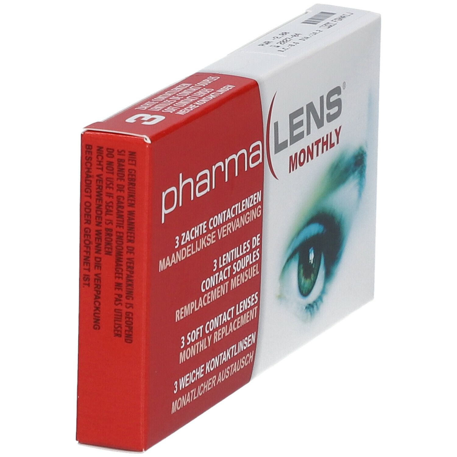 Vue en biais de l'emballage des lentilles de contact PharmaLens Monthly. Couleurs rouge et blanc. Nom du produit et image d'un œil.