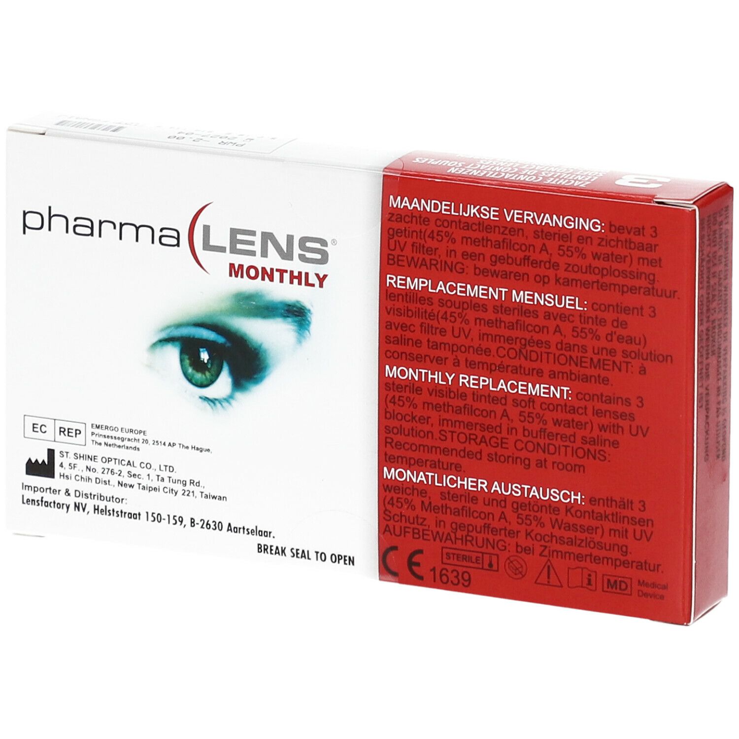 Emballage de lentilles de contact PharmaLens Monthly. Texte multilingue. Contient 3 lentilles souples. Marquage CE.