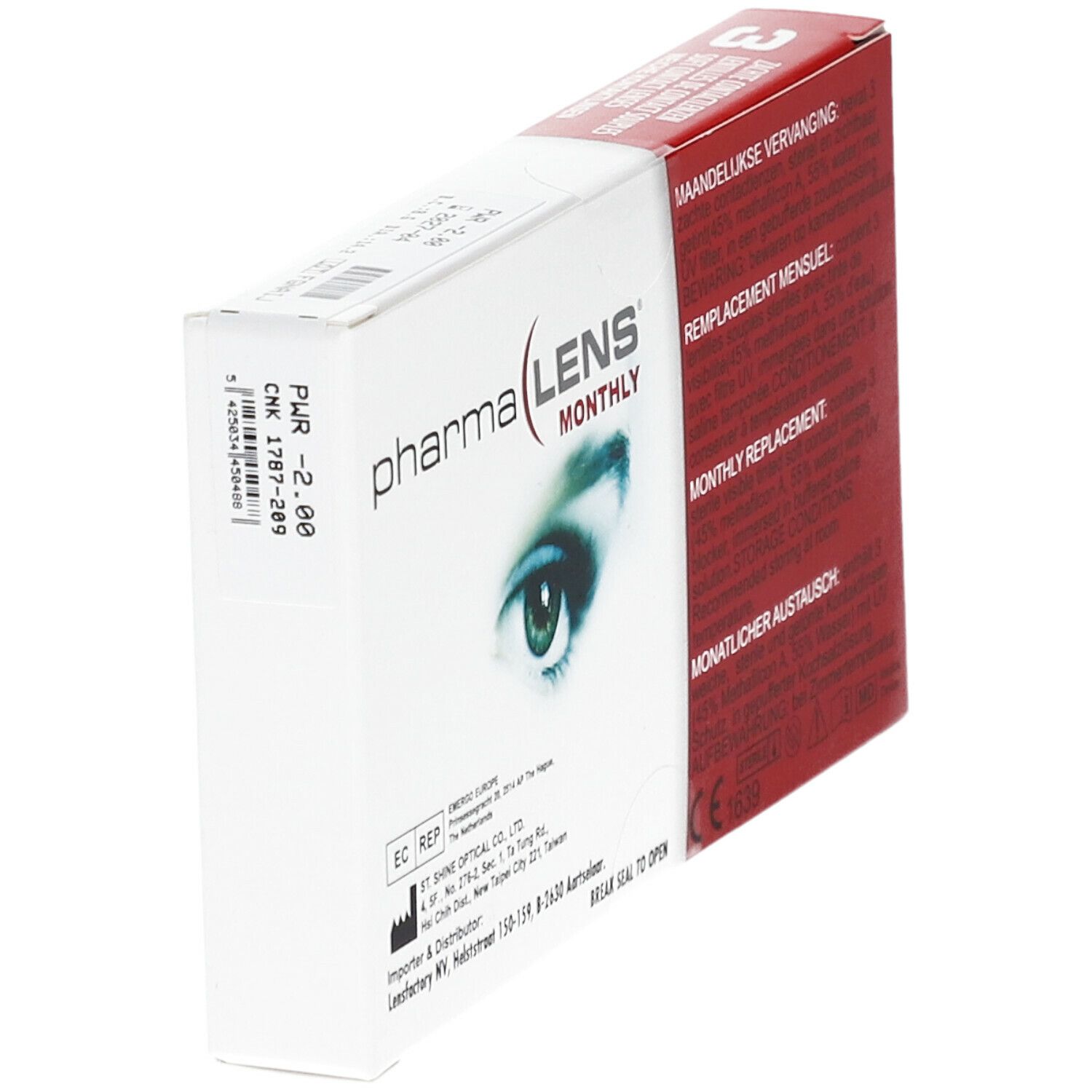 Emballage de lentilles de contact PharmaLens Monthly. Nom du produit et indication de dioptrie. Contient 3 lentilles souples.