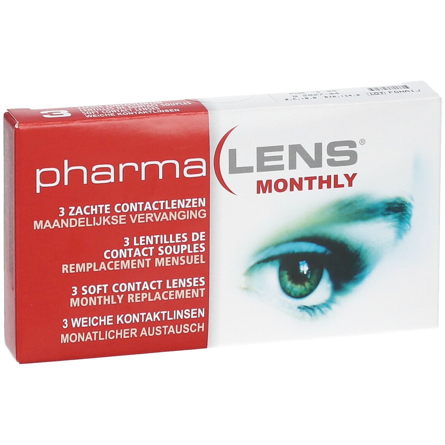 Boîte de lentilles de contact PharmaLens Monthly. Contient 3 lentilles souples. Nom du produit et image d'un œil imprimés.