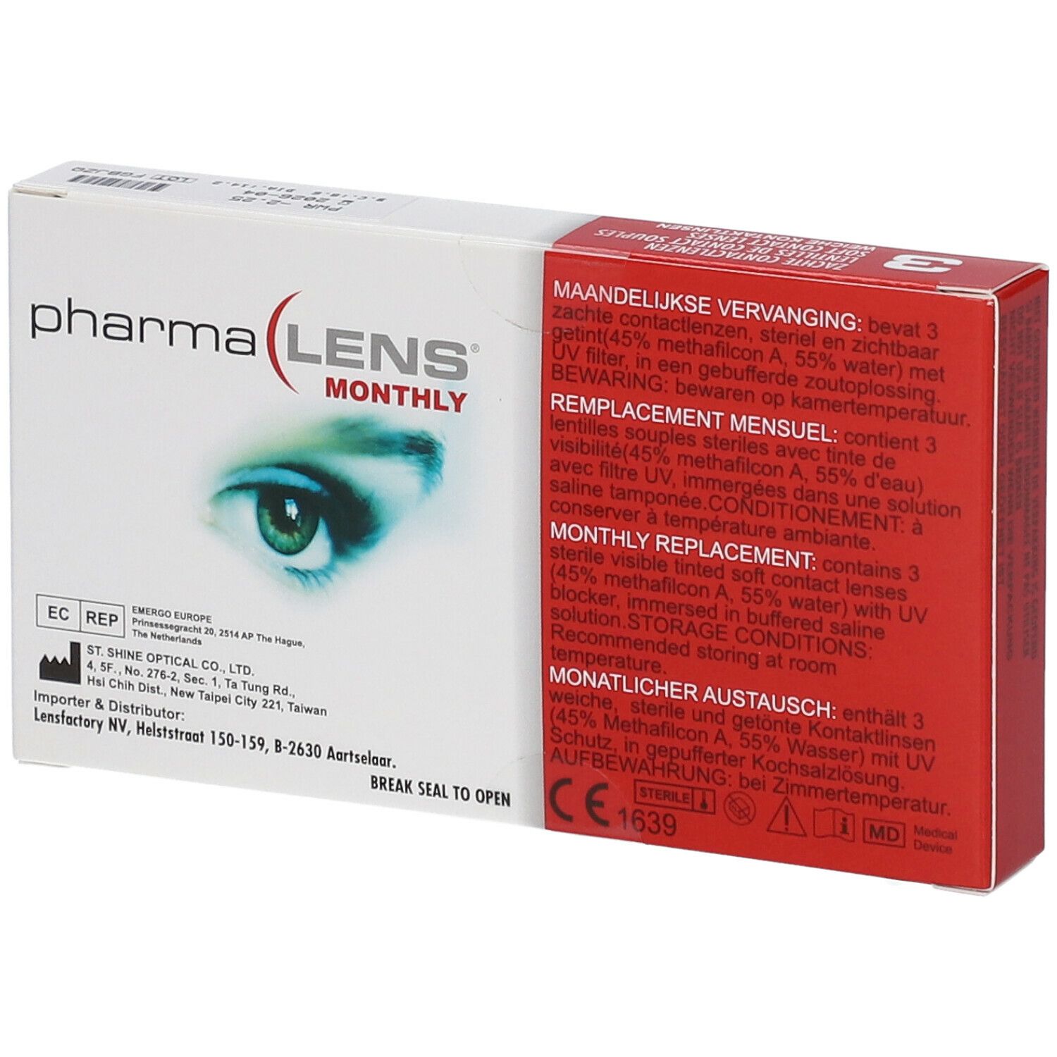 Boîte de lentilles de contact mensuelles PharmaLens. Boîte rouge et blanche avec informations, un œil et du texte.