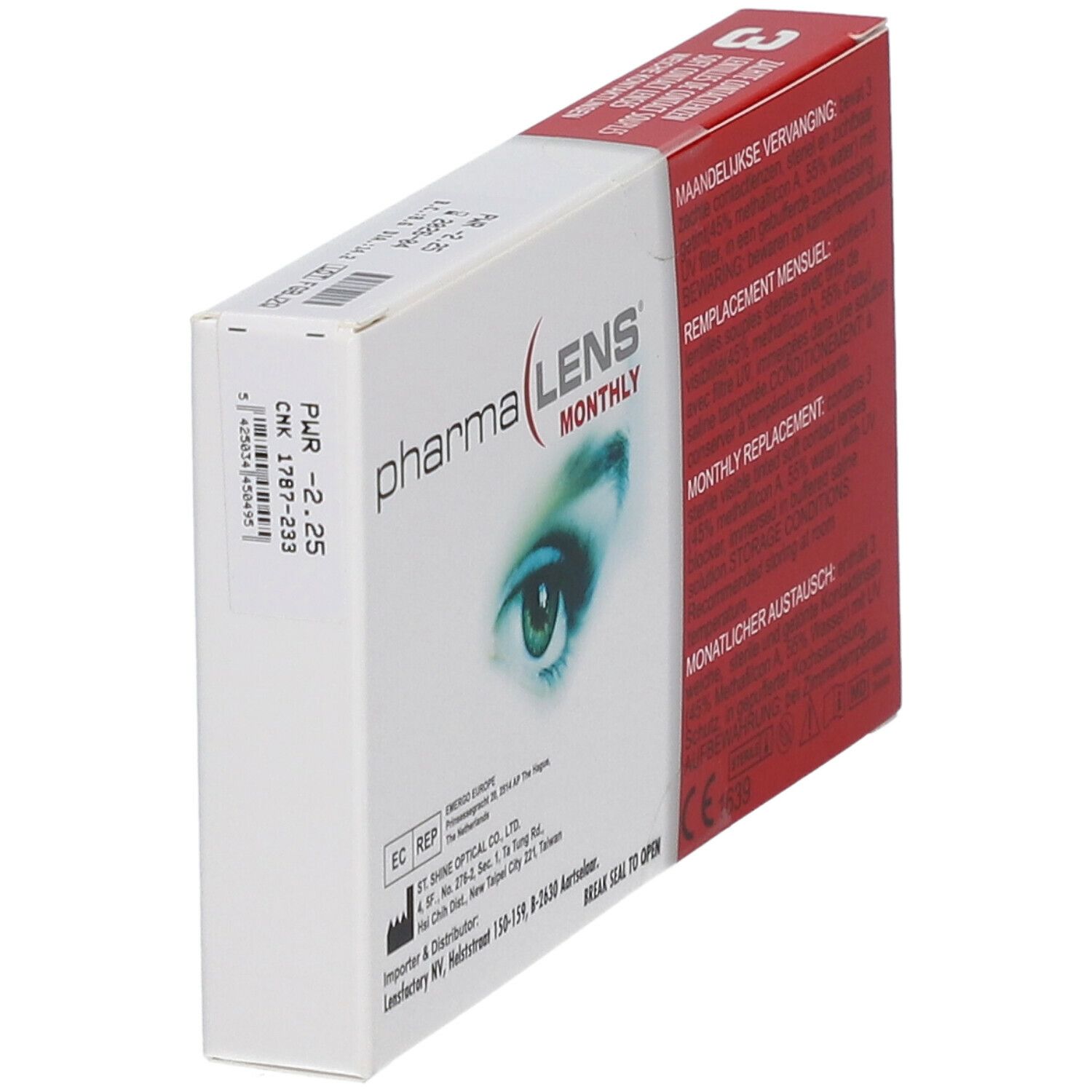 Boîte de lentilles de contact mensuelles PharmaLens. Boîte blanche avec côté rouge, informations et un œil.