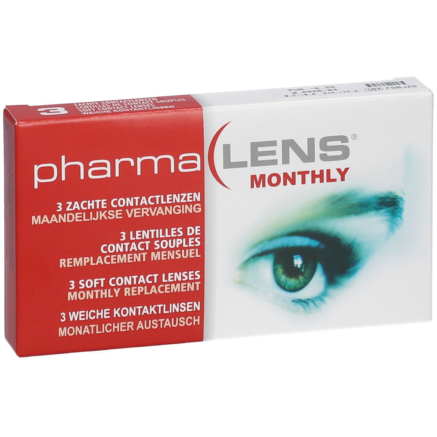 Boîte de lentilles de contact mensuelles PharmaLens. Boîte rouge et blanche avec informations et un œil.