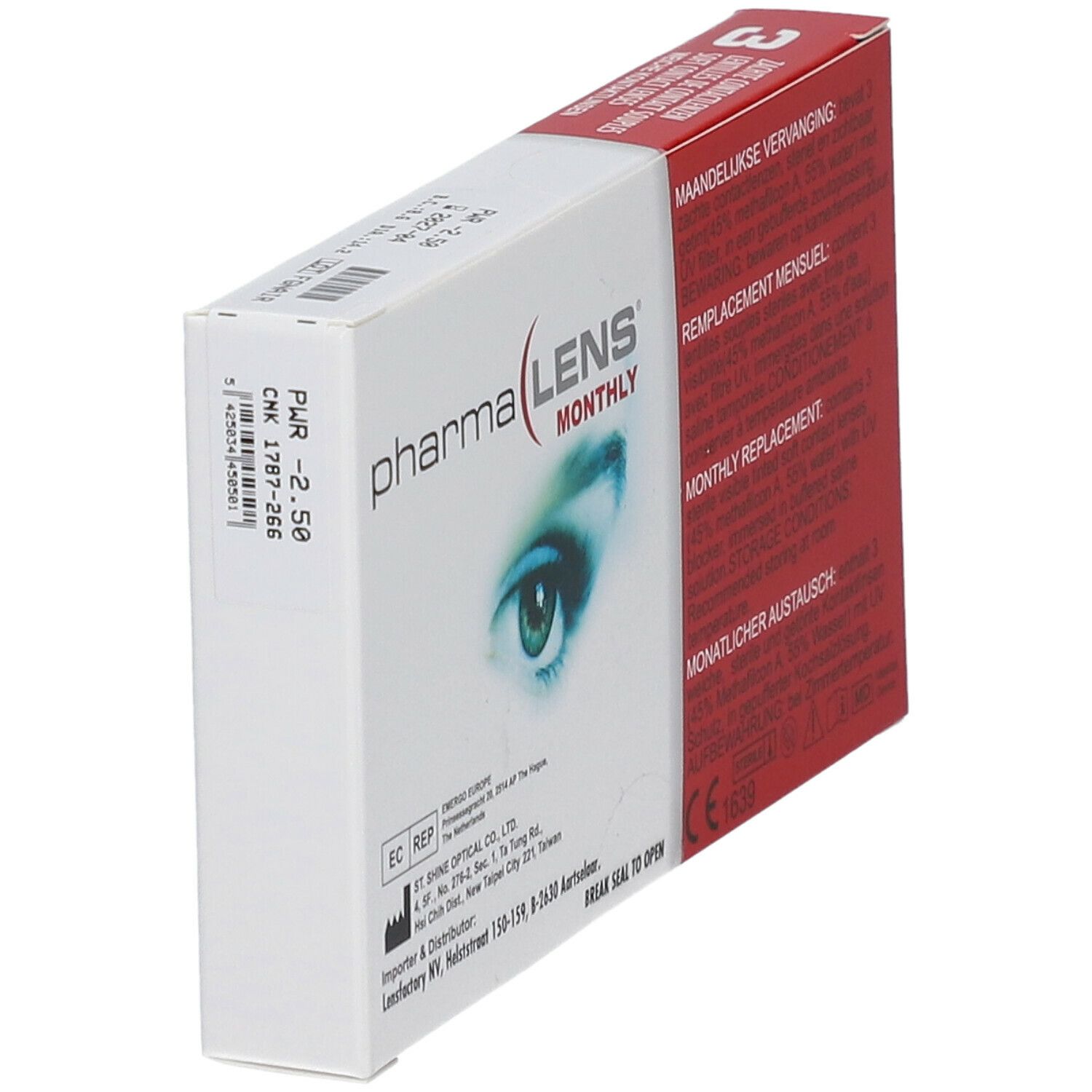 Boîte de lentilles de contact PharmaLens Monthly. Emballage rouge et blanc avec informations et un œil. Dioptrie -2.50.