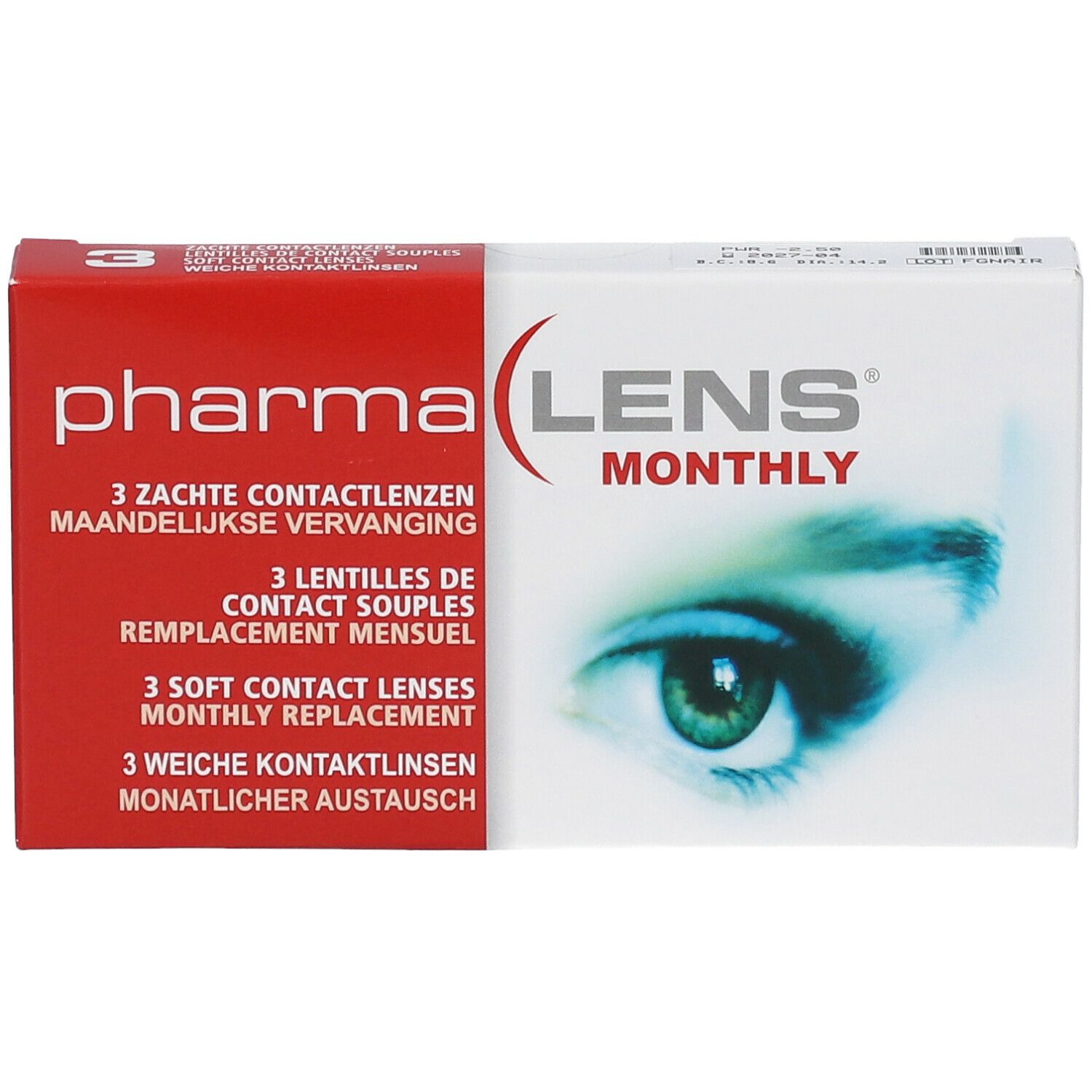 Boîte de lentilles de contact PharmaLens Monthly. Emballage rouge et blanc avec informations et un œil.