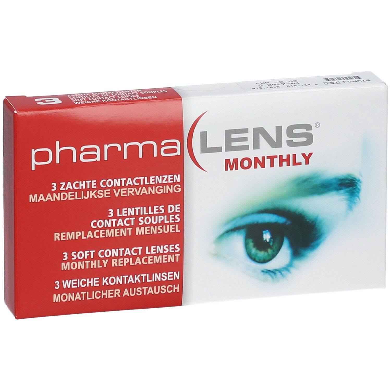Boîte de lentilles de contact PharmaLens Monthly. Emballage rouge et blanc avec informations et un œil.