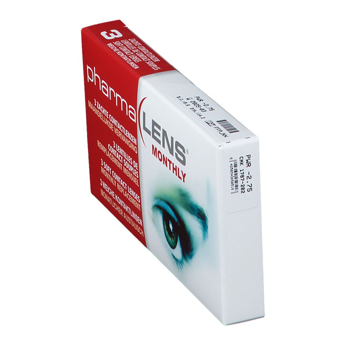 Boîte de lentilles de contact en biais. Carton rouge et blanc avec nom du produit et image d'œil. 3 lentilles.
