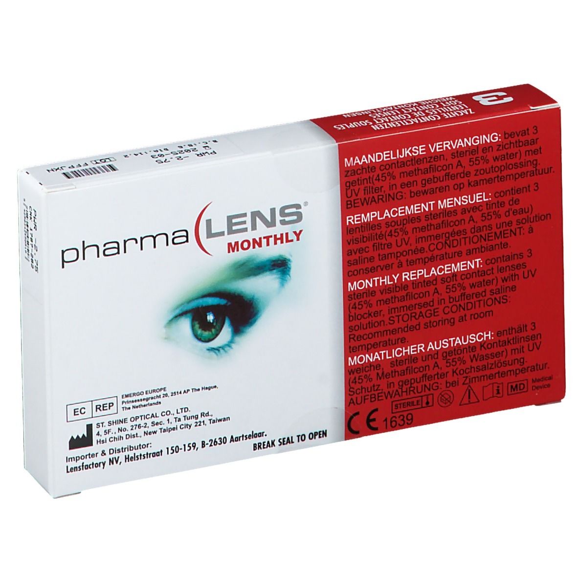 Boîte de lentilles de contact. Carton rouge et blanc avec nom du produit et image d'œil. Texte multilingue. Marquage CE.