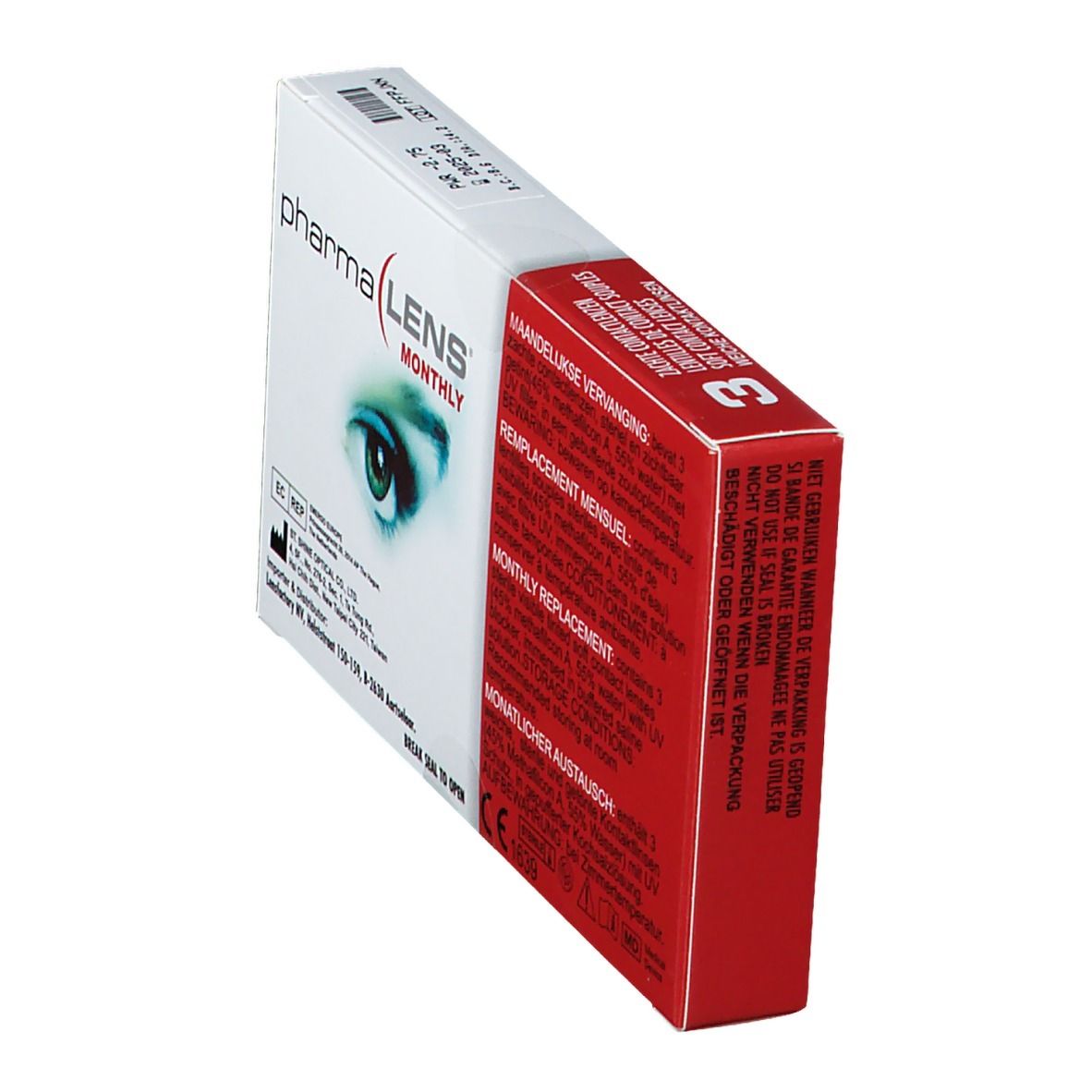 Boîte de lentilles de contact en biais. Carton rouge et blanc avec nom du produit et image d'œil. 3 lentilles.