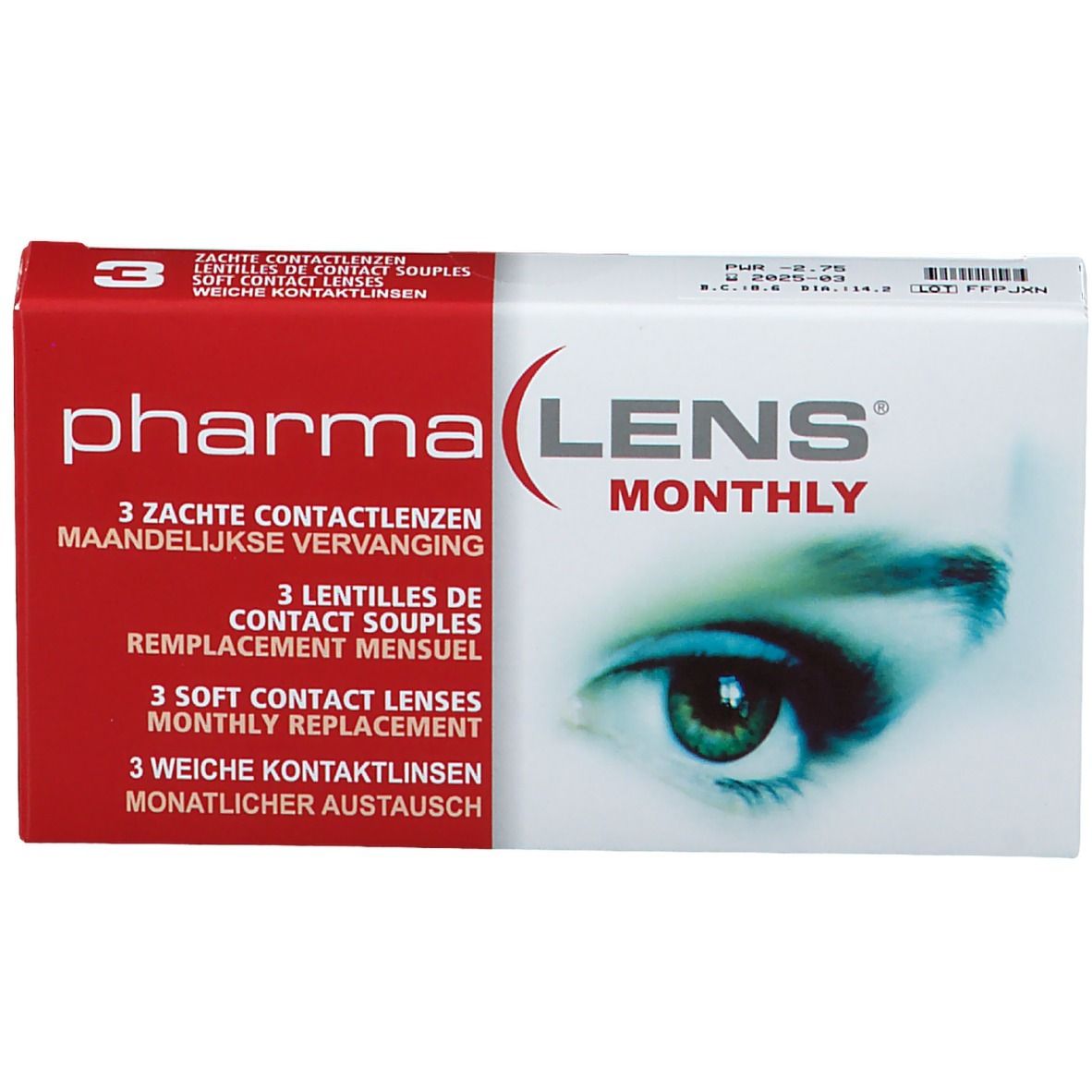 Boîte de lentilles de contact. Carton rouge et blanc avec nom du produit et image d'œil. Contient 3 lentilles.