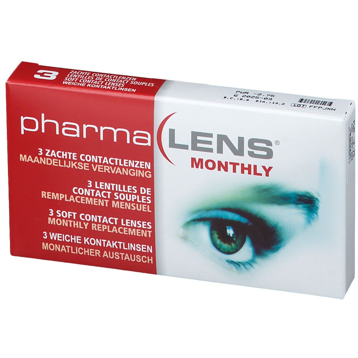 Boîte de lentilles de contact. Carton rouge et blanc avec nom du produit et image d'œil. Contient 3 lentilles.
