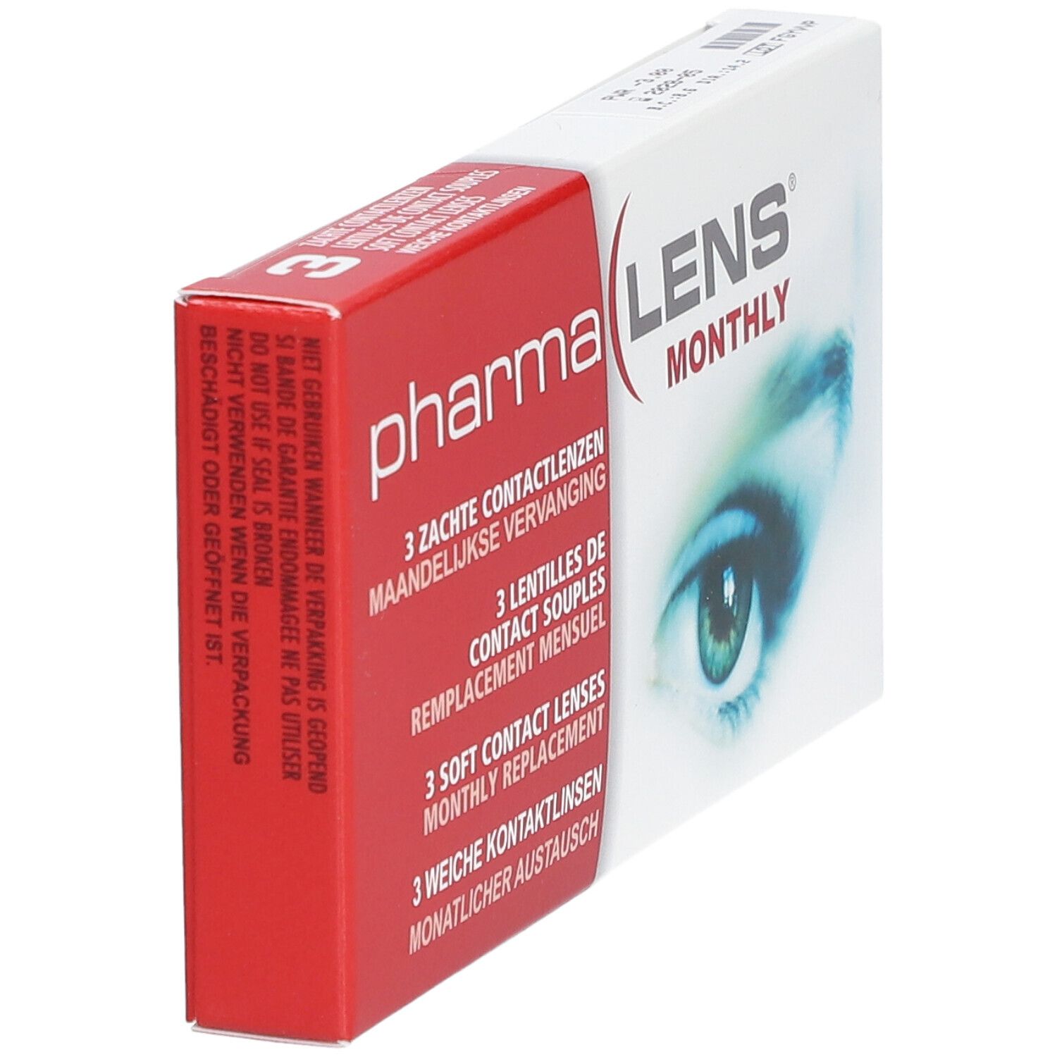 Boîte de lentilles PharmaLens Monthly en biais. Emballage rouge et blanc avec informations.