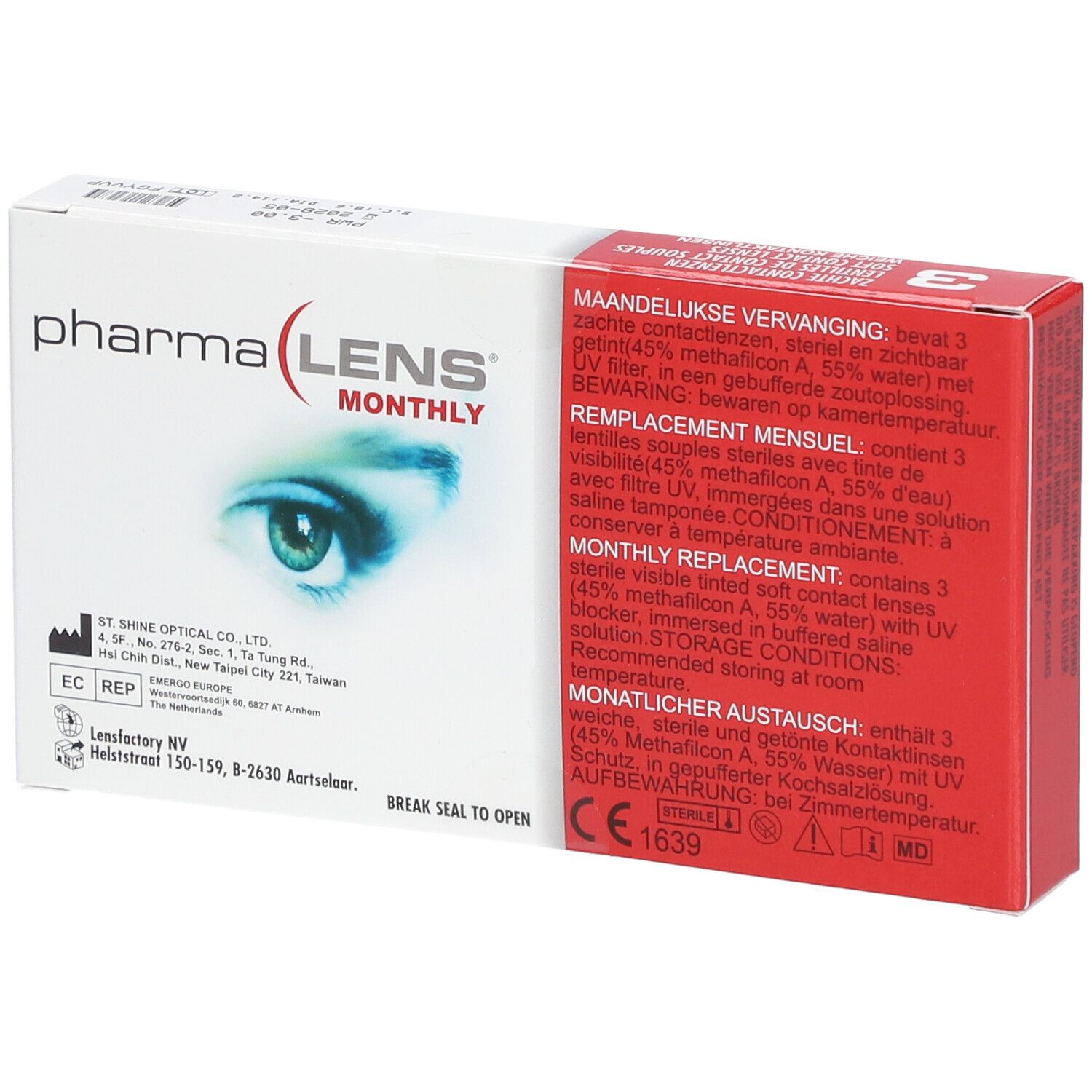 Boîte de lentilles de contact PharmaLens Monthly. Emballage rouge et blanc avec informations et un œil.