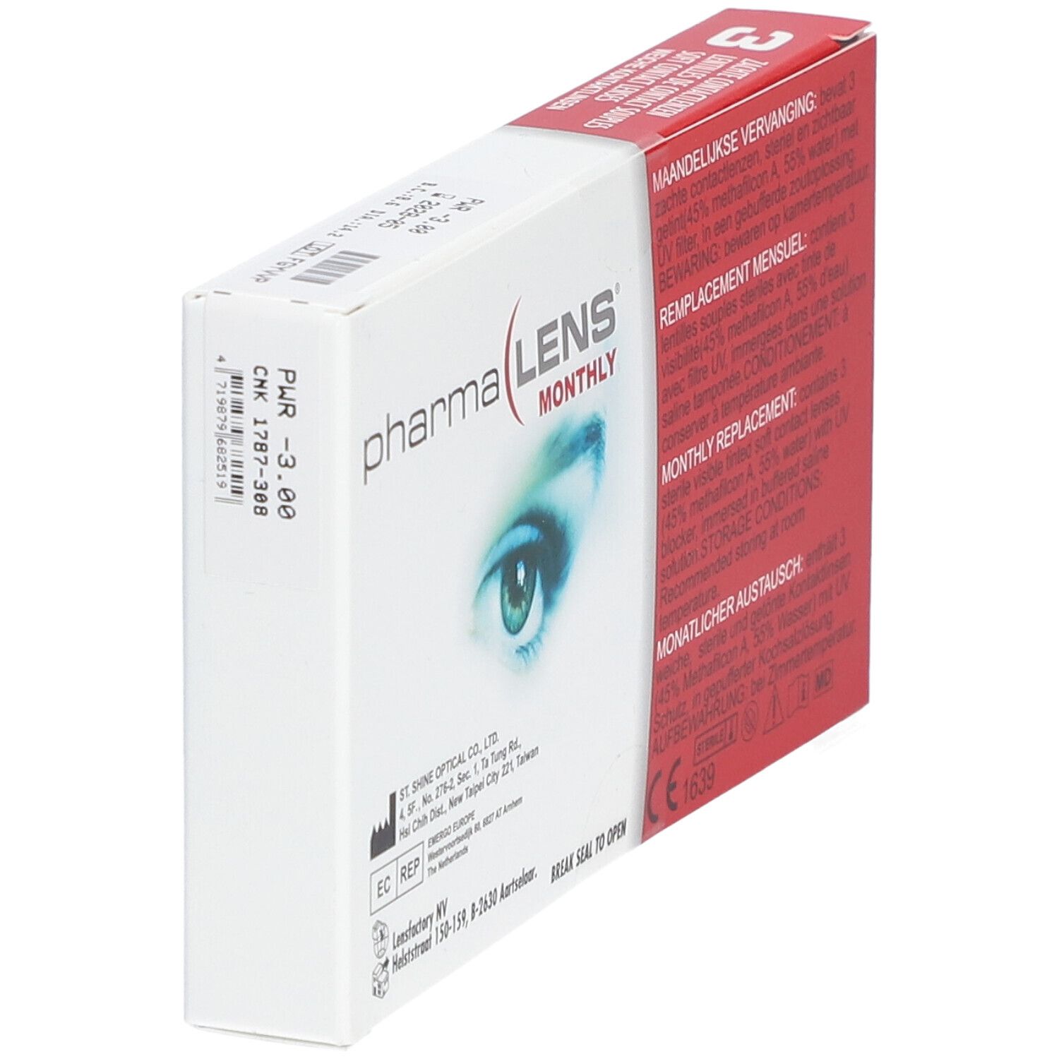 Boîte de lentilles PharmaLens Monthly en biais. Emballage rouge et blanc avec informations.