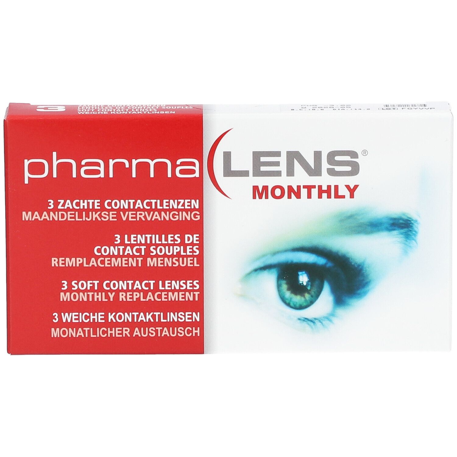 Boîte de lentilles de contact PharmaLens Monthly. Emballage rouge et blanc avec informations et un œil.