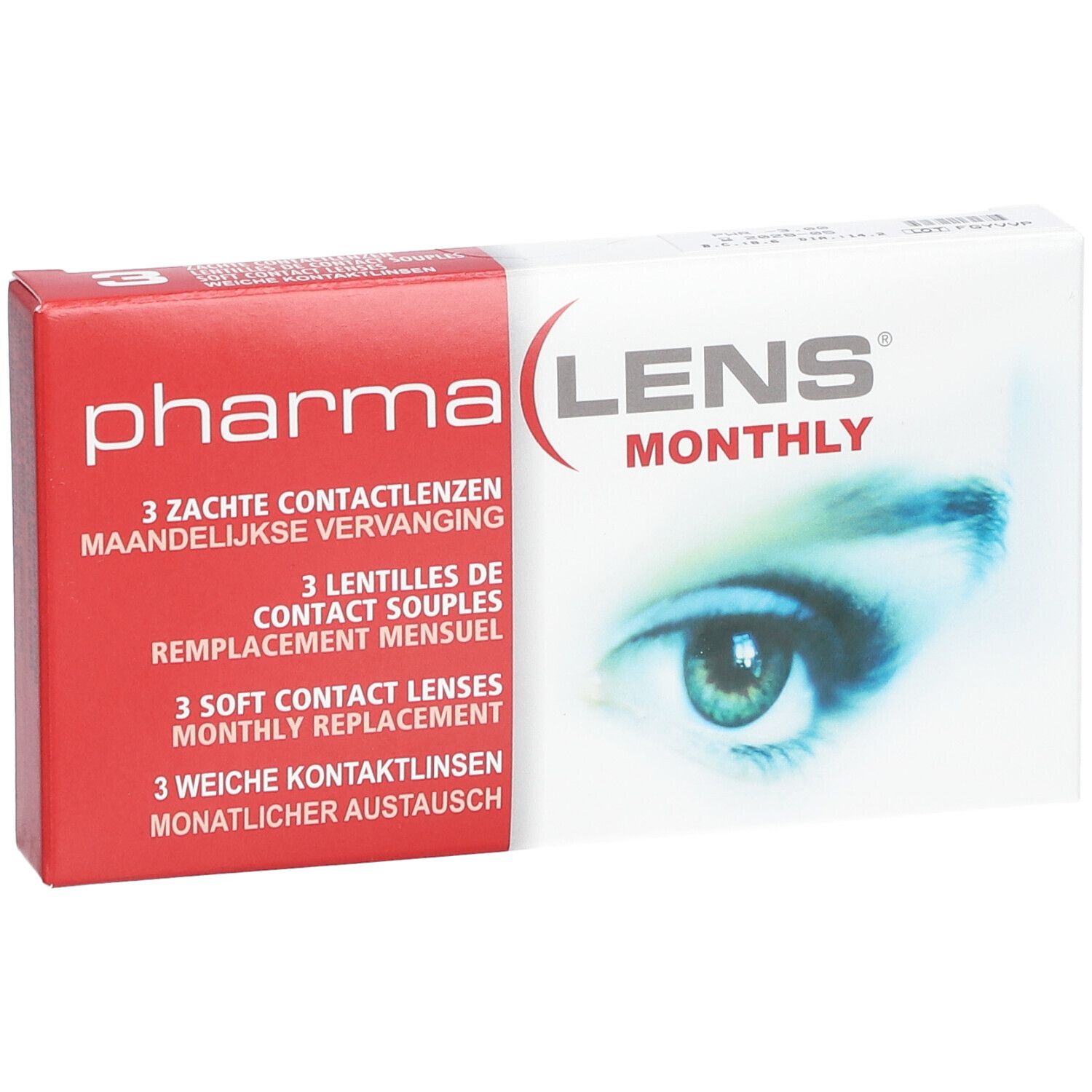 Boîte de lentilles de contact PharmaLens Monthly. Emballage rouge et blanc avec informations et un œil.