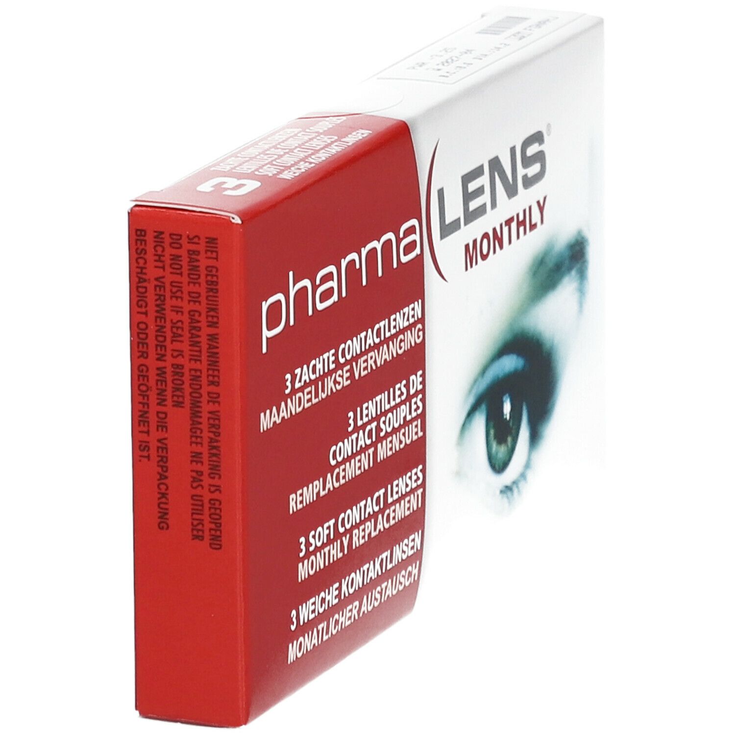 Vue en biais de l'emballage des lentilles de contact PharmaLens Monthly. Boîte rouge et blanche avec informations.