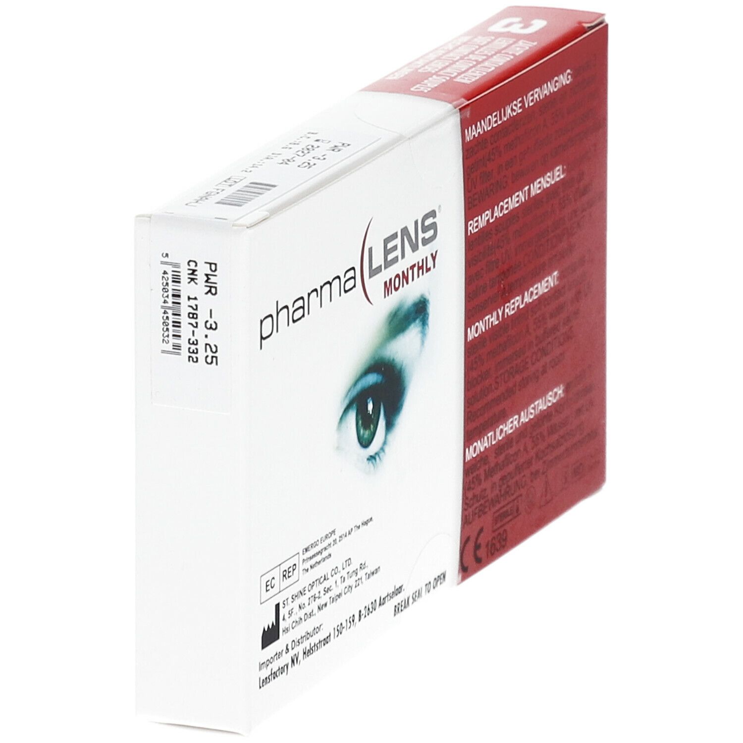 Vue en biais de l'emballage des lentilles de contact PharmaLens Monthly. Boîte blanche avec côté rouge et informations.