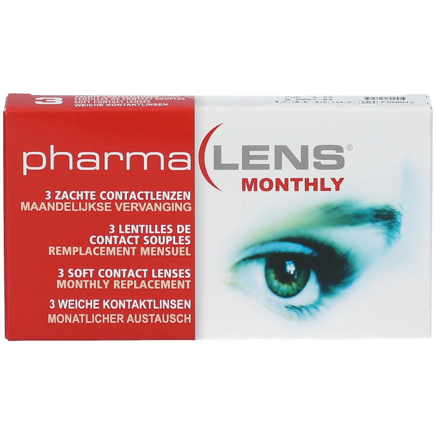 Boîte de lentilles de contact PharmaLens Monthly. Boîte rouge et blanche avec informations et un œil.