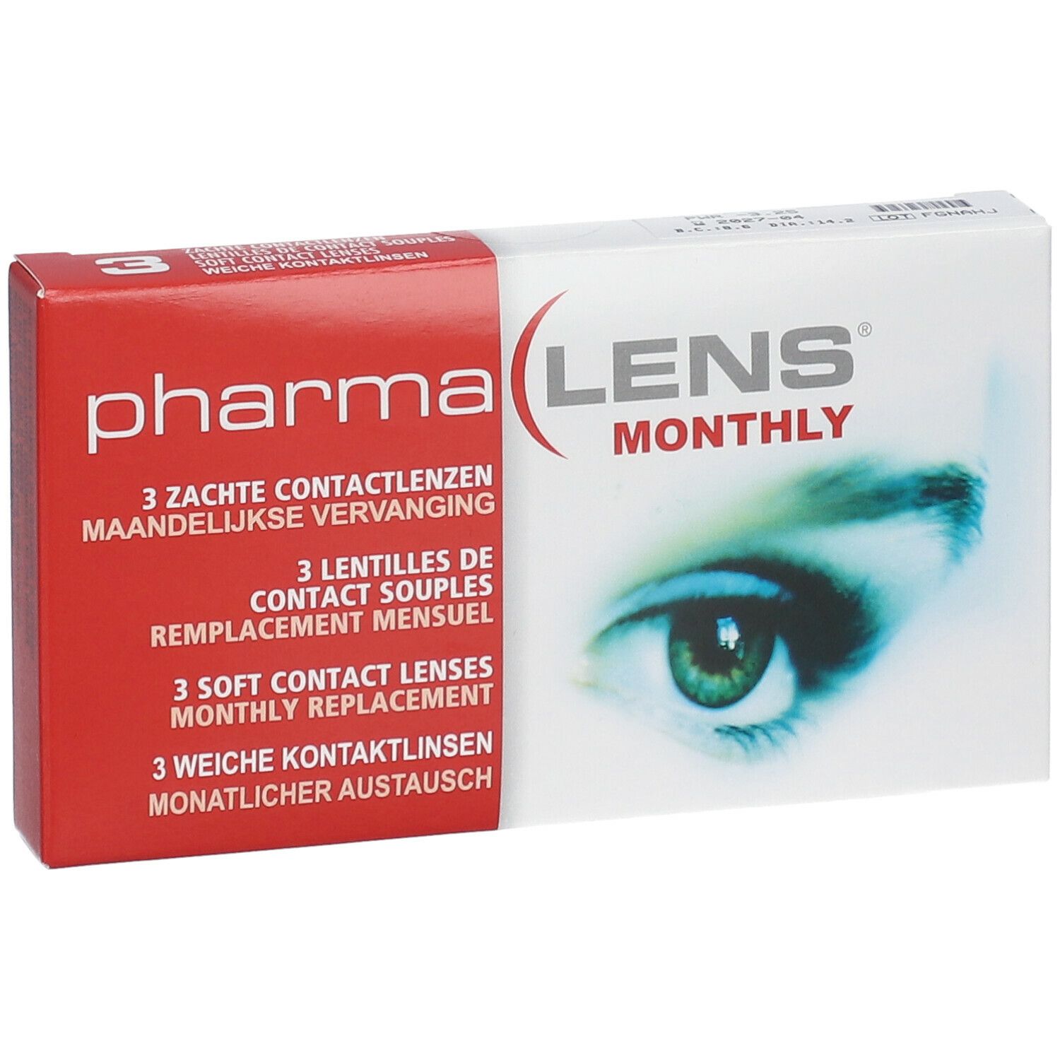 Boîte de lentilles de contact PharmaLens Monthly. Boîte rouge et blanche avec informations et un œil.