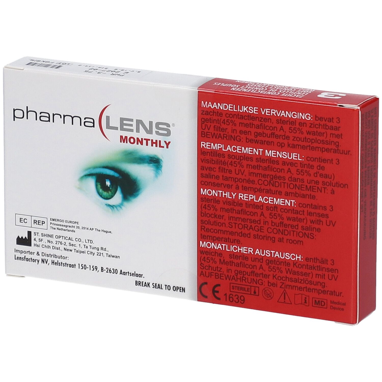 PharmaLens Monatslinsen-Verpackung. Weiße Schachtel mit Produktinformationen und Augenabbildung. CE-Kennzeichnung.