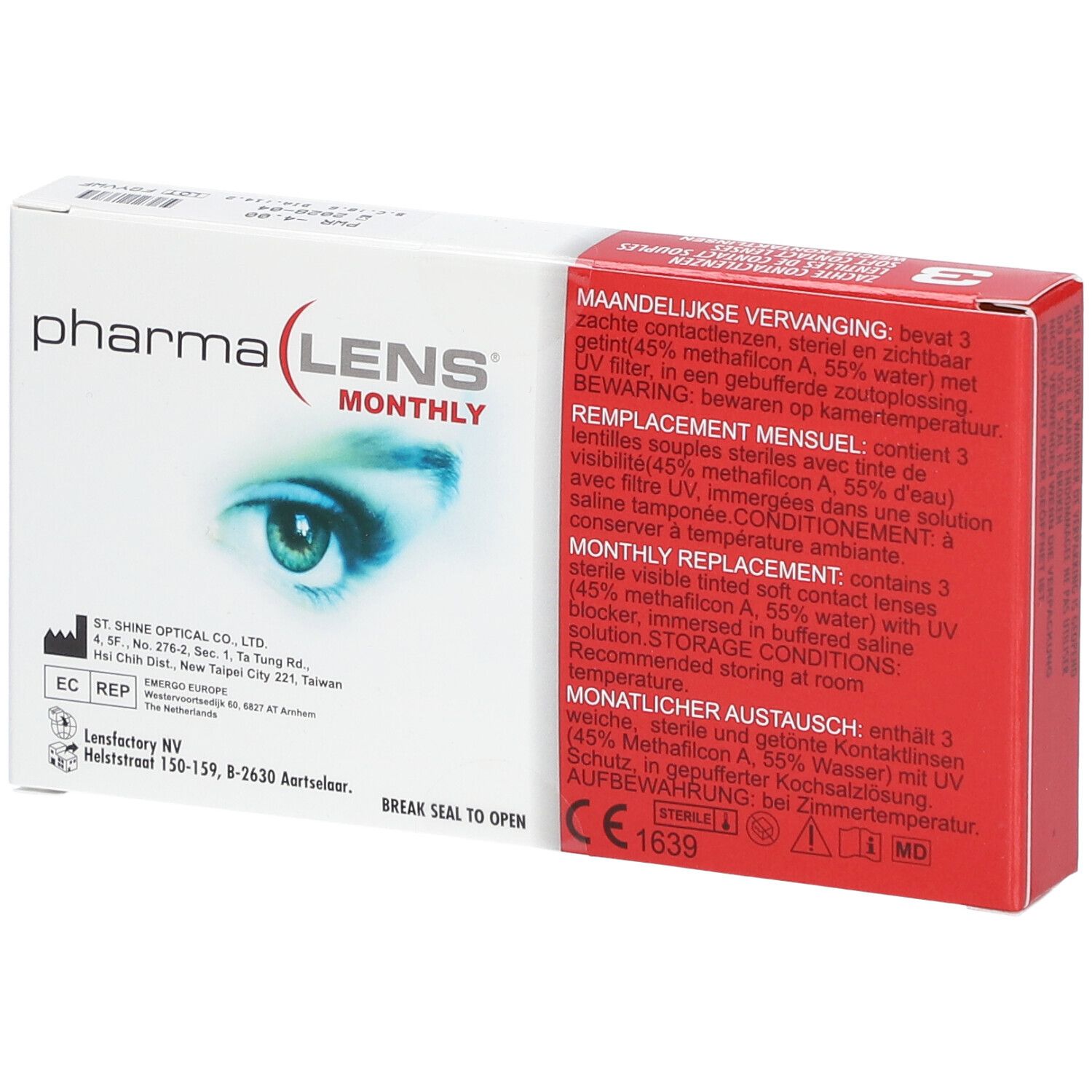 Boîte de PharmaLens lentilles mensuelles. Boîte blanche avec texte, image d'œil et détails rouges.