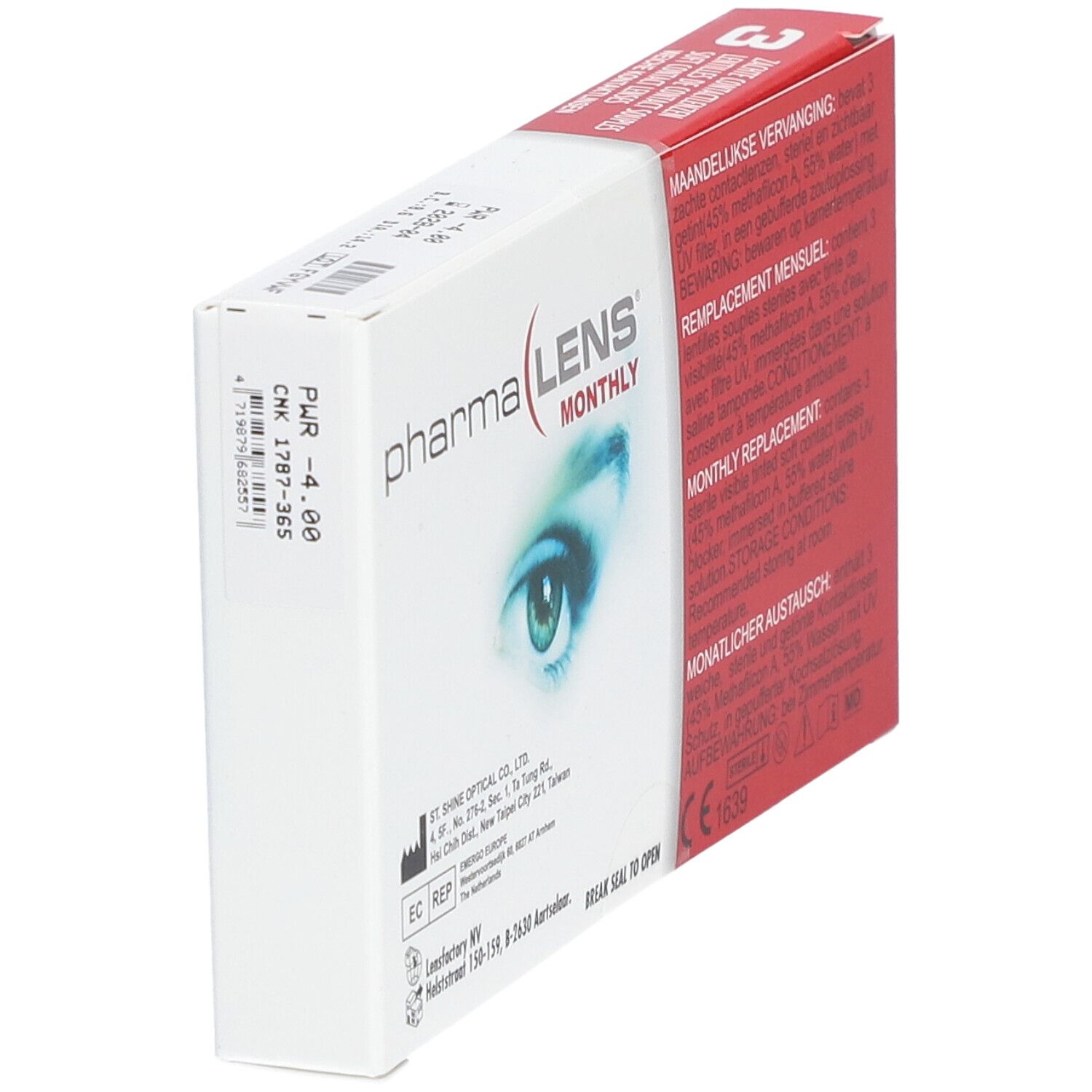 Boîte de PharmaLens lentilles mensuelles. Boîte avec texte, image d'œil et détails rouges, en biais.