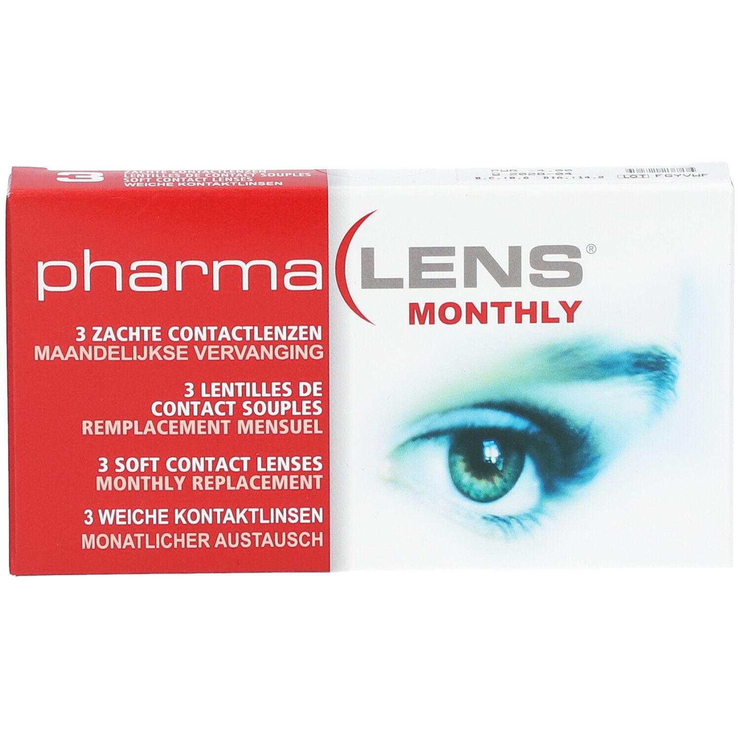 Boîte de PharmaLens lentilles mensuelles. Boîte rouge et blanche avec informations et image d'œil.