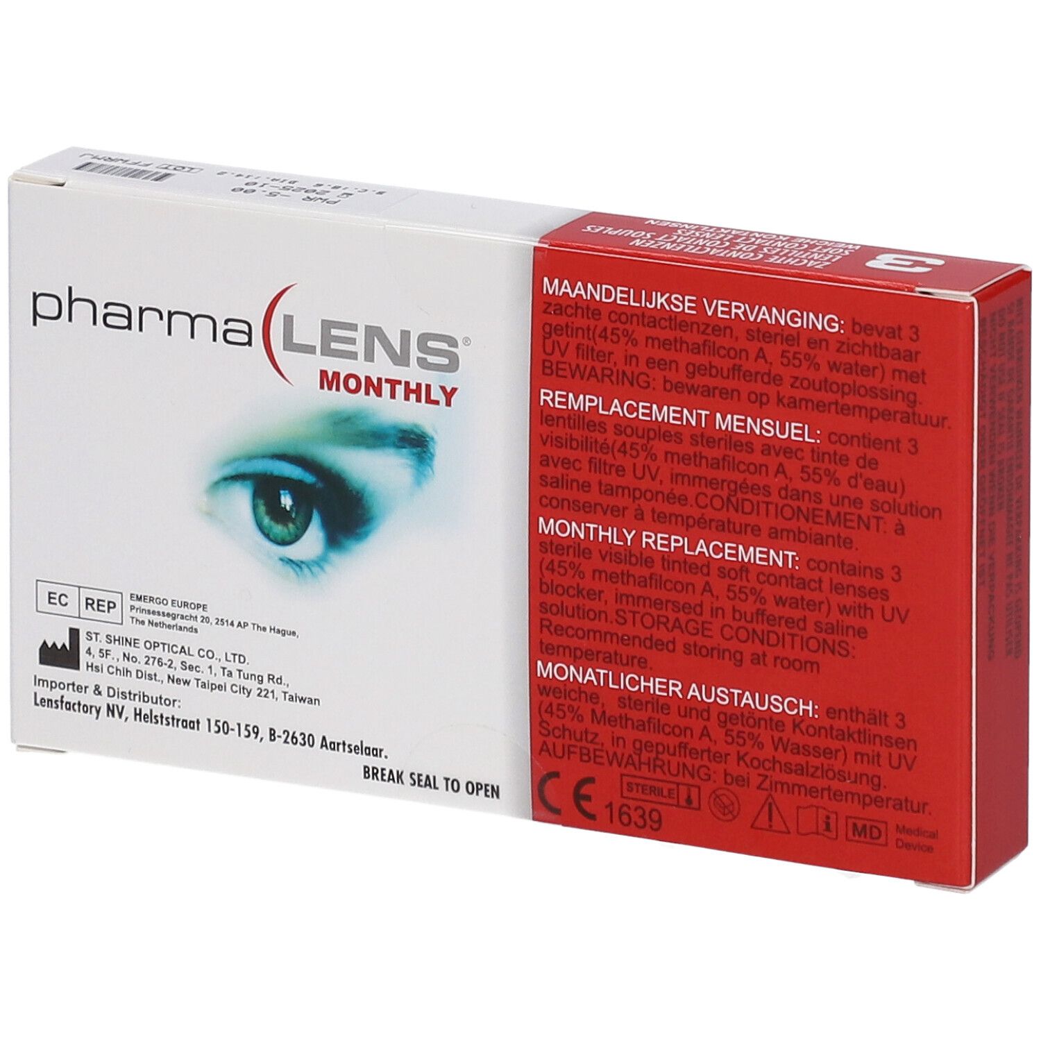 Pharma Lens Monthly Kontaktlinsen-Verpackung. Weiße Schachtel mit roter Seite, Produktinformationen und CE-Kennzeichnung.