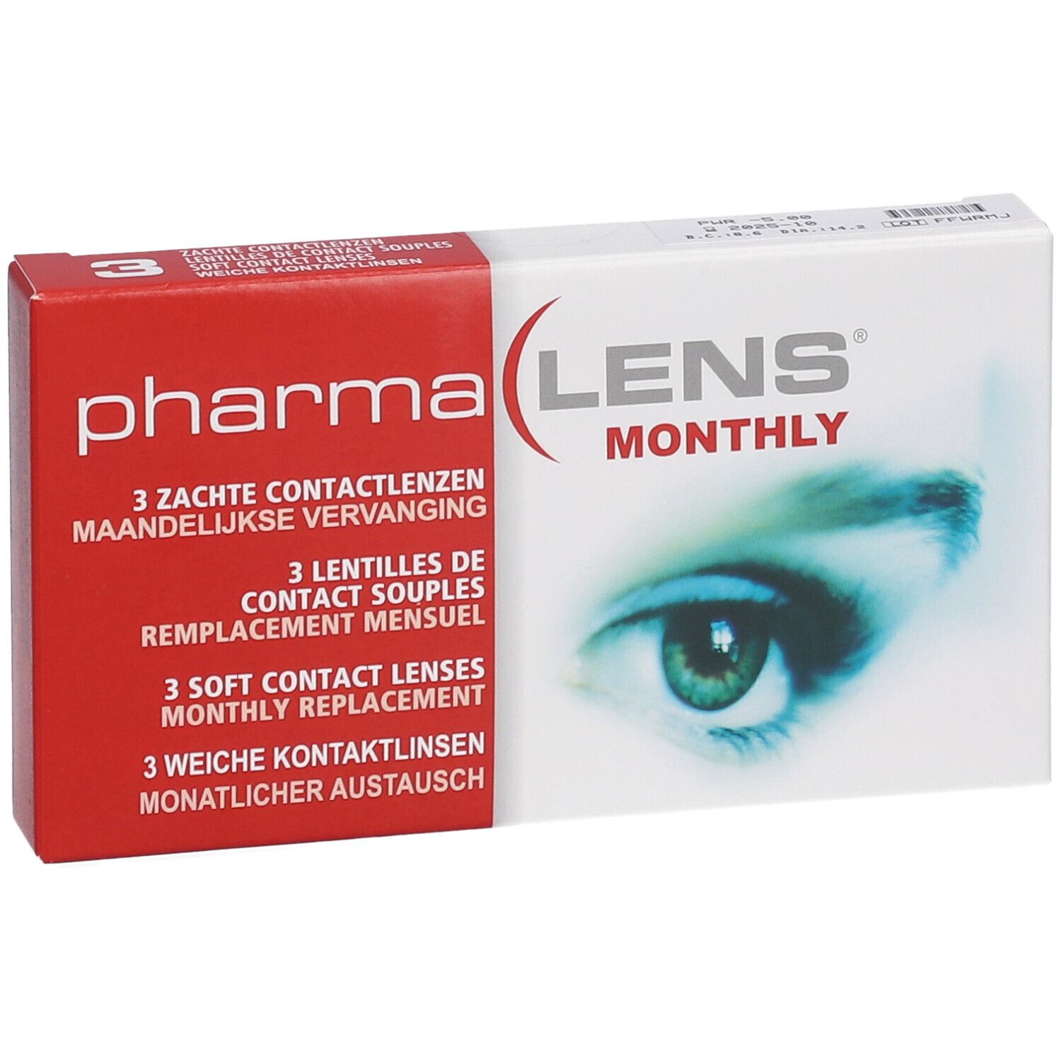 Pharma Lens Monthly Kontaktlinsen-Verpackung. Rote und weiße Schachtel mit Produktnamen und Augenabbildung.