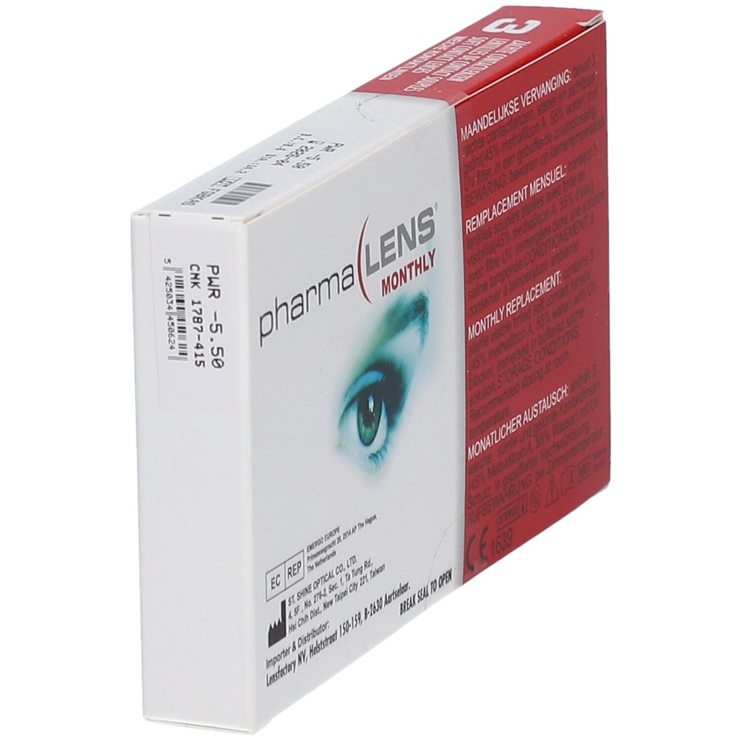 Schachtel mit PharmaLens Monatslinsen. Weiße Schachtel mit Produktbezeichnung, Augenabbildung und Text.