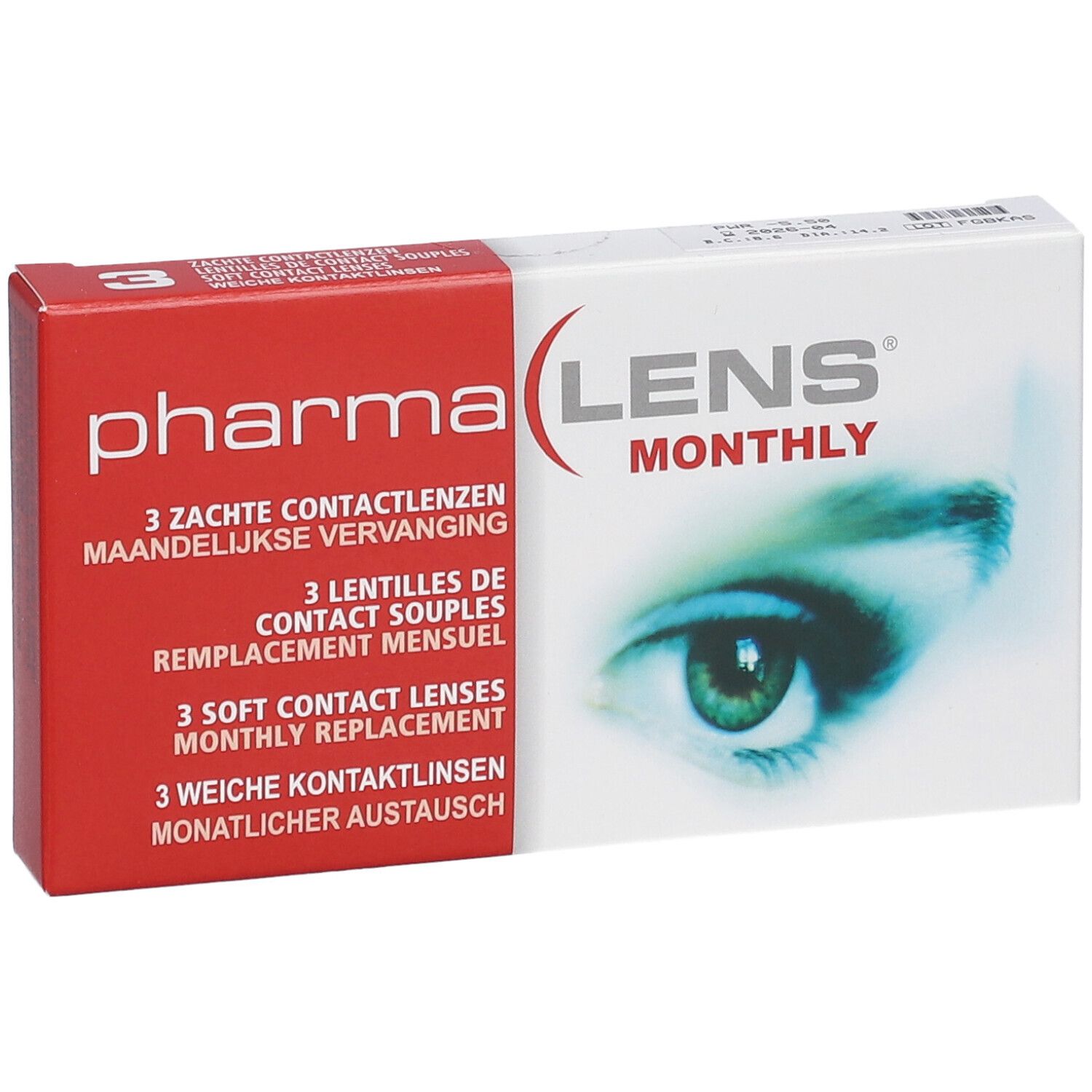 Verpackung von PharmaLens Monatslinsen. Rote und weiße Schachtel mit Produktbezeichnung und Augenabbildung.