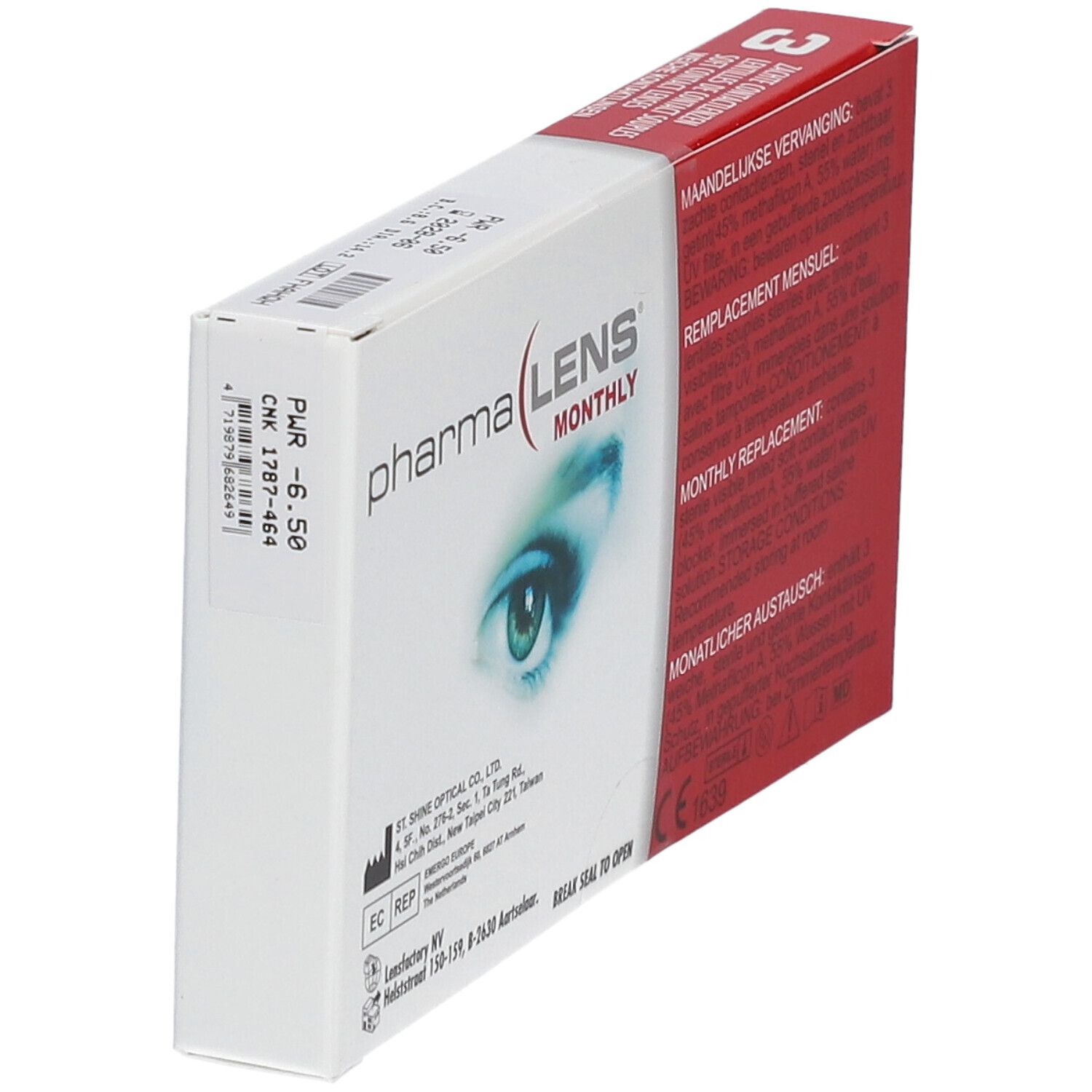 Boîte de lentilles Pharma Lens Monthly. Boîte rouge et blanche avec informations et image d'œil. Contient 3 lentilles.