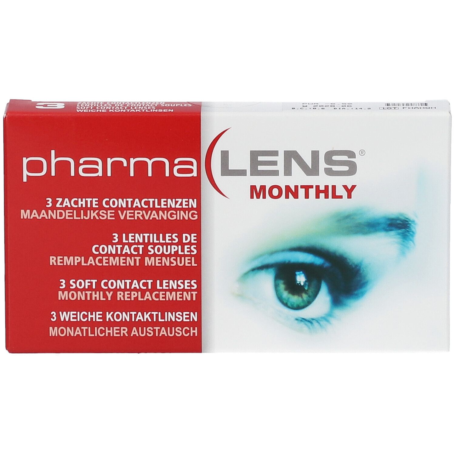 Boîte de lentilles Pharma Lens Monthly. Boîte rouge et blanche avec nom du produit et image d'œil. Contient 3 lentilles.