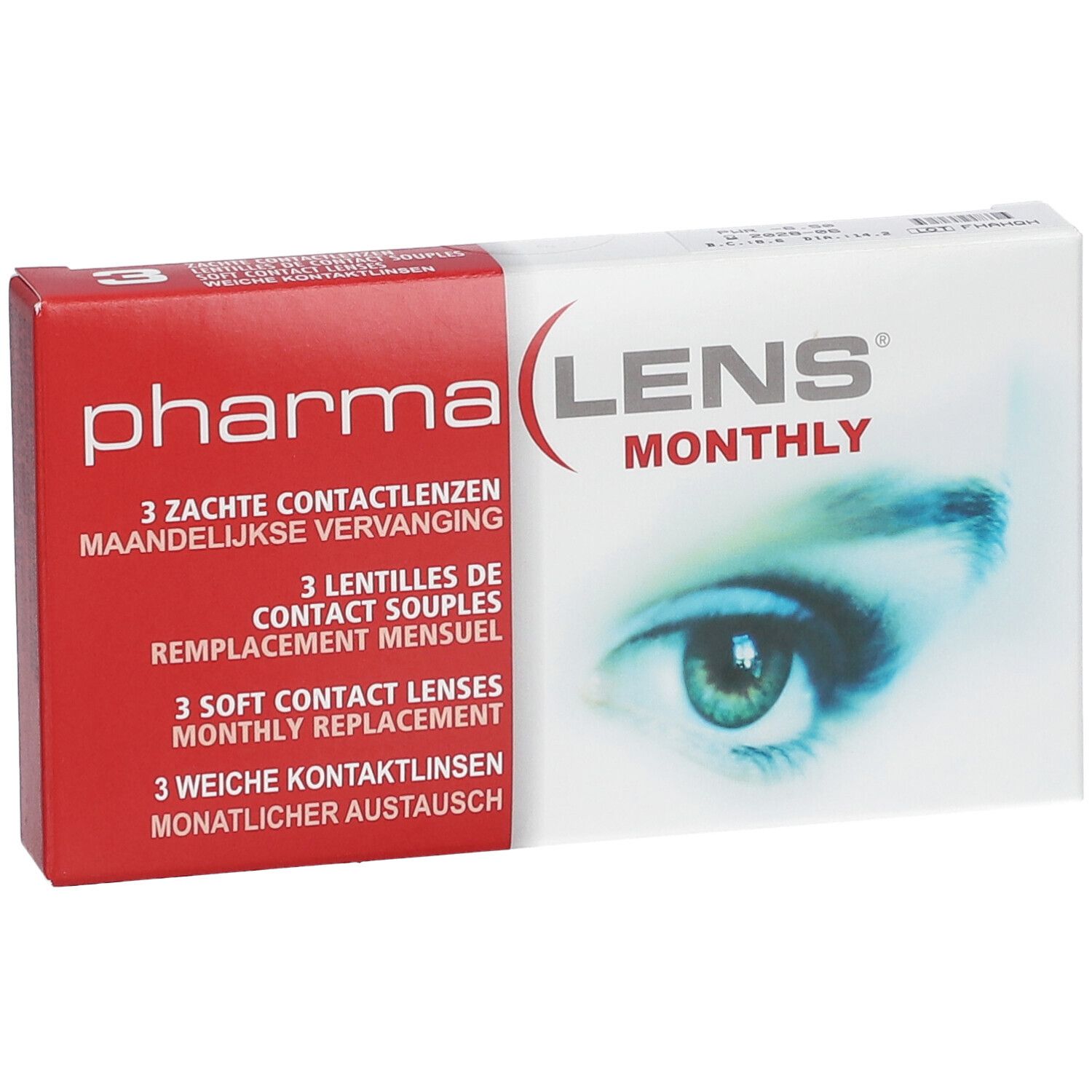 Boîte de lentilles Pharma Lens Monthly. Boîte rouge et blanche avec nom du produit et image d'œil. Contient 3 lentilles.