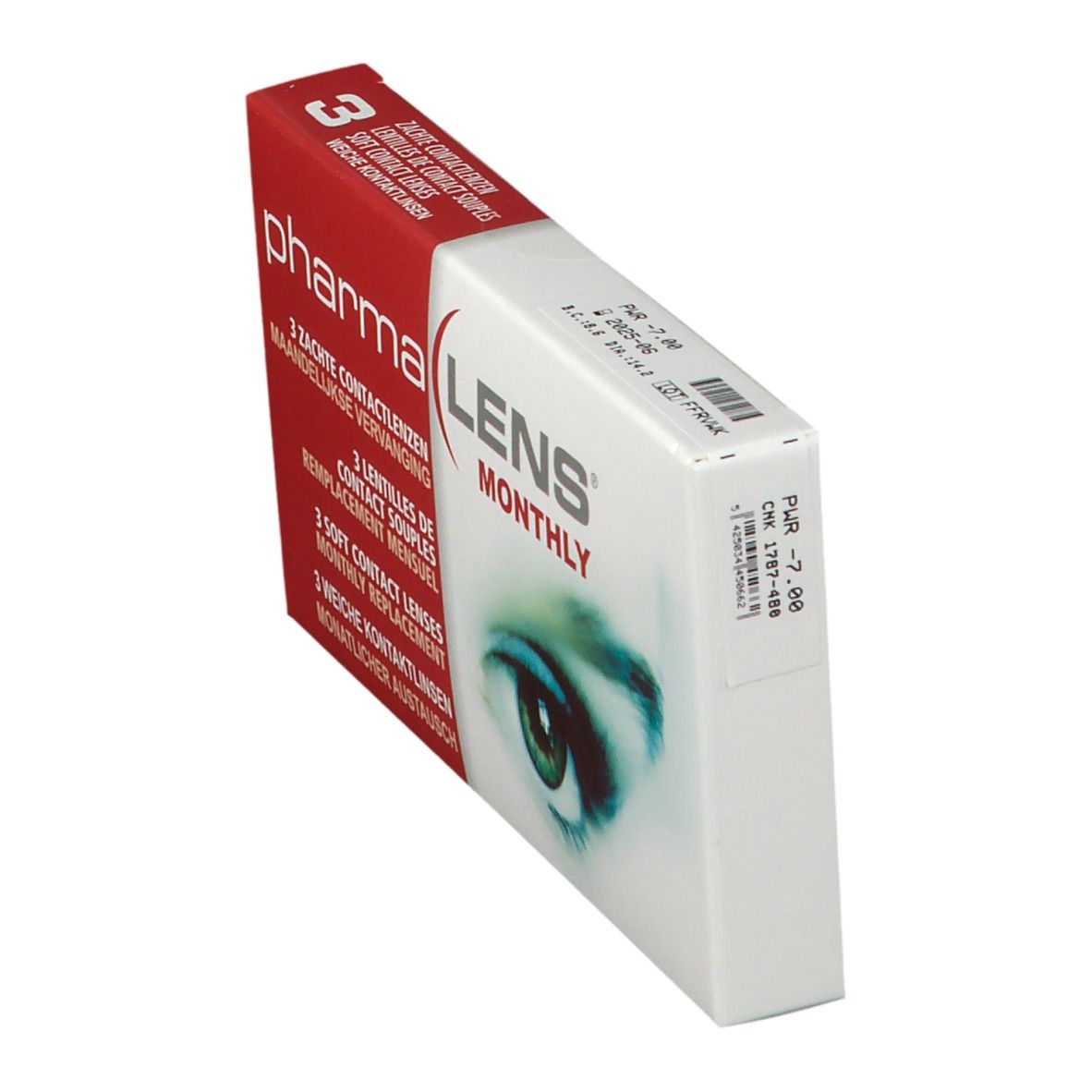 PharmaLens Monatslinsen-Verpackung, schräg. Rote und weiße Schachtel mit Produktinformationen und einem Auge.