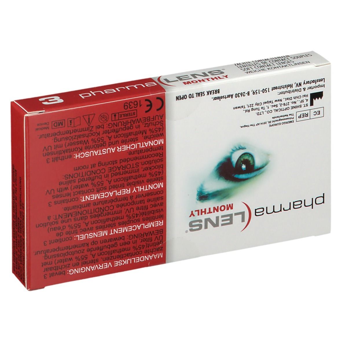 PharmaLens Monatslinsen-Verpackung. Rote und weiße Schachtel mit Produktinformationen und einem Auge. Text in mehreren Sprachen.