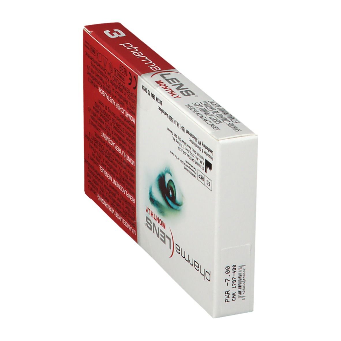 PharmaLens Monatslinsen-Verpackung, schräg. Rote und weiße Schachtel mit Produktinformationen und einem Auge.